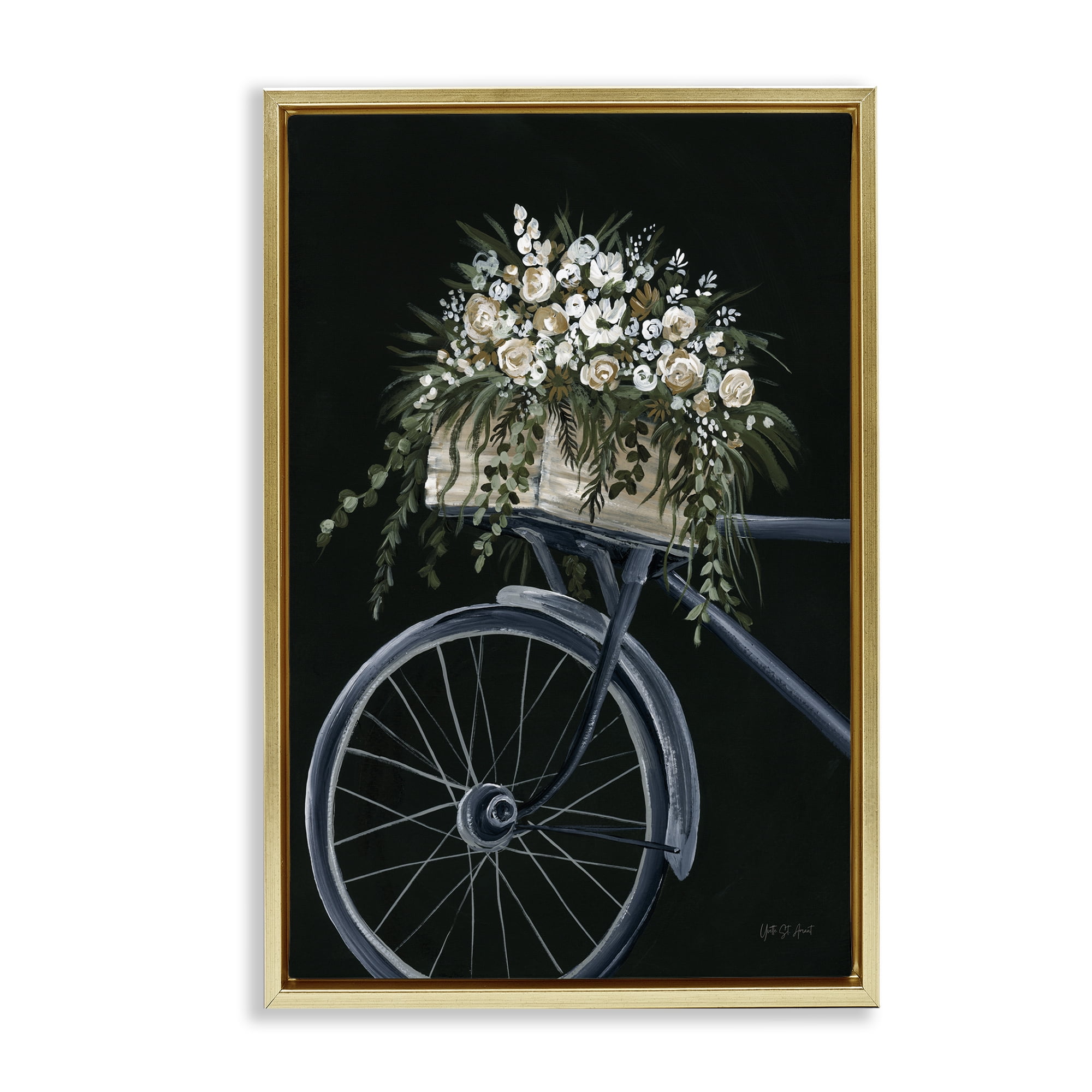 Stupell Industries Vintage Bicycle with Florals Transportation Painting Gold Floater Framed Canvas Art Print Wall Art, 17 x 25