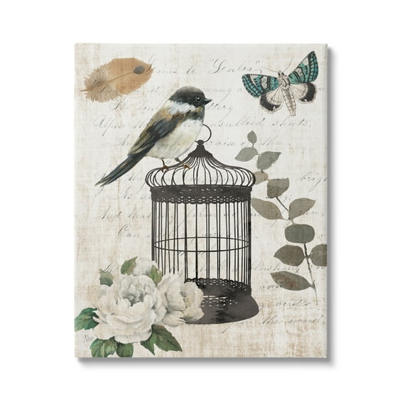 Stupell Industries Vintage Bird Cage Butterfly Floral Script Words Graphic Art Gallery Wrapped Canvas Print Wall Art, Design by Nan