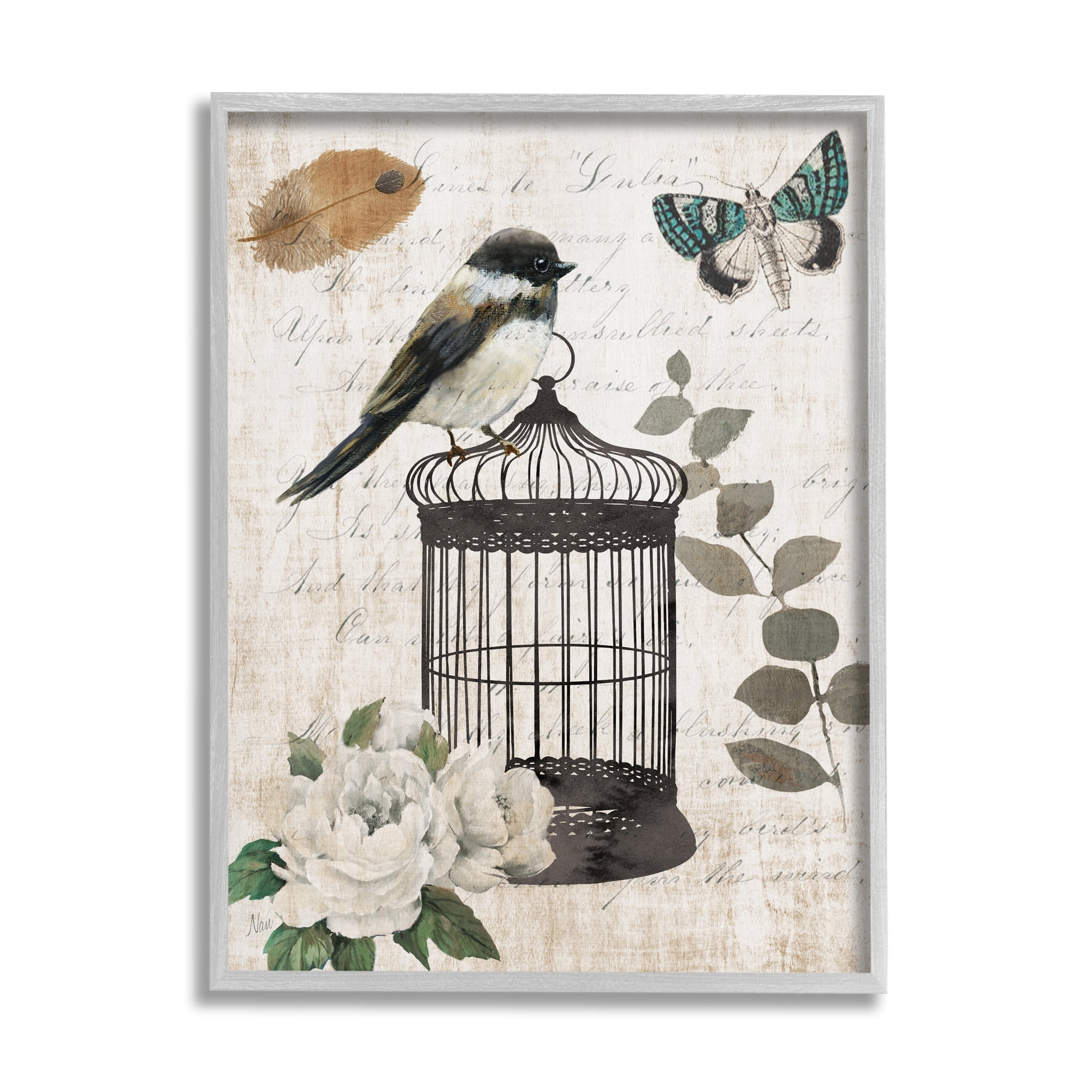 Stupell Industries Vintage Bird Cage Butterfly Floral Script Words Graphic Art Gray Framed Art Print Wall Art, Design by Nan