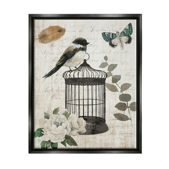 Stupell Industries Vintage Bird Cage Butterfly Floral Script Words Graphic Art Jet Black Floating Framed Canvas Print Wall Art, Design by Nan