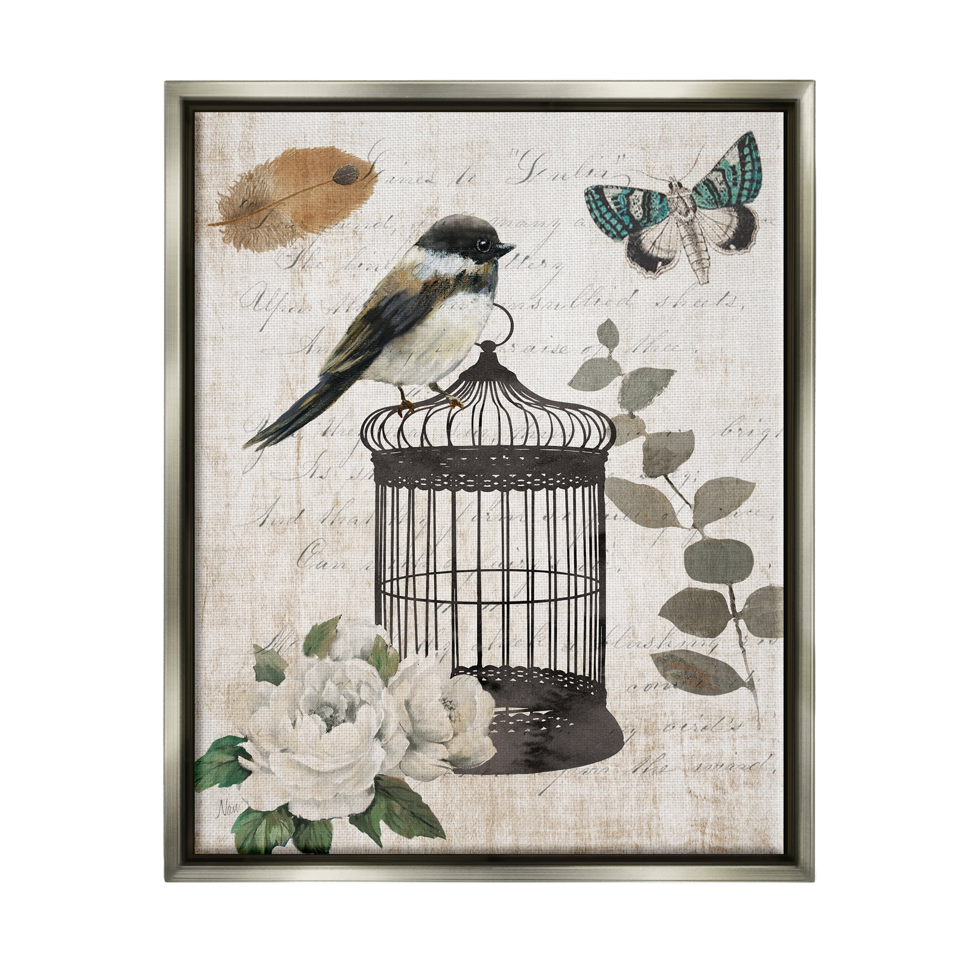 Stupell Industries Vintage Bird Cage Butterfly Floral Script Words Graphic Art Luster Gray Floating Framed Canvas Print Wall Art, Design by Nan