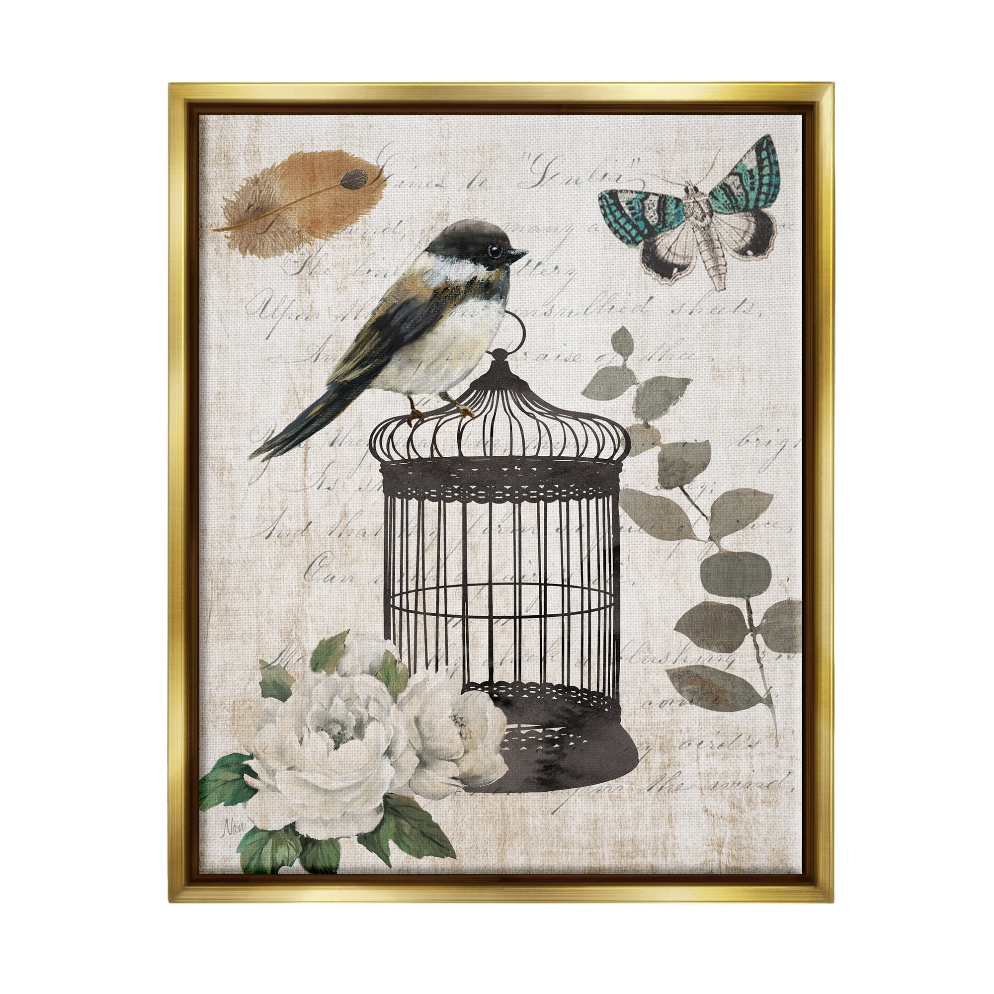Stupell Industries Vintage Bird Cage Butterfly Floral Script Words Graphic Art Metallic Gold Floating Framed Canvas Print Wall Art, Design by Nan