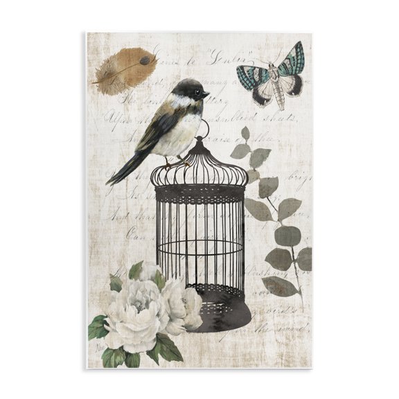 Stupell Industries Cottage Vintage Bird Cage Butterfly Floral Script Words Wall Plaque Art, 13 x 19, by Nan