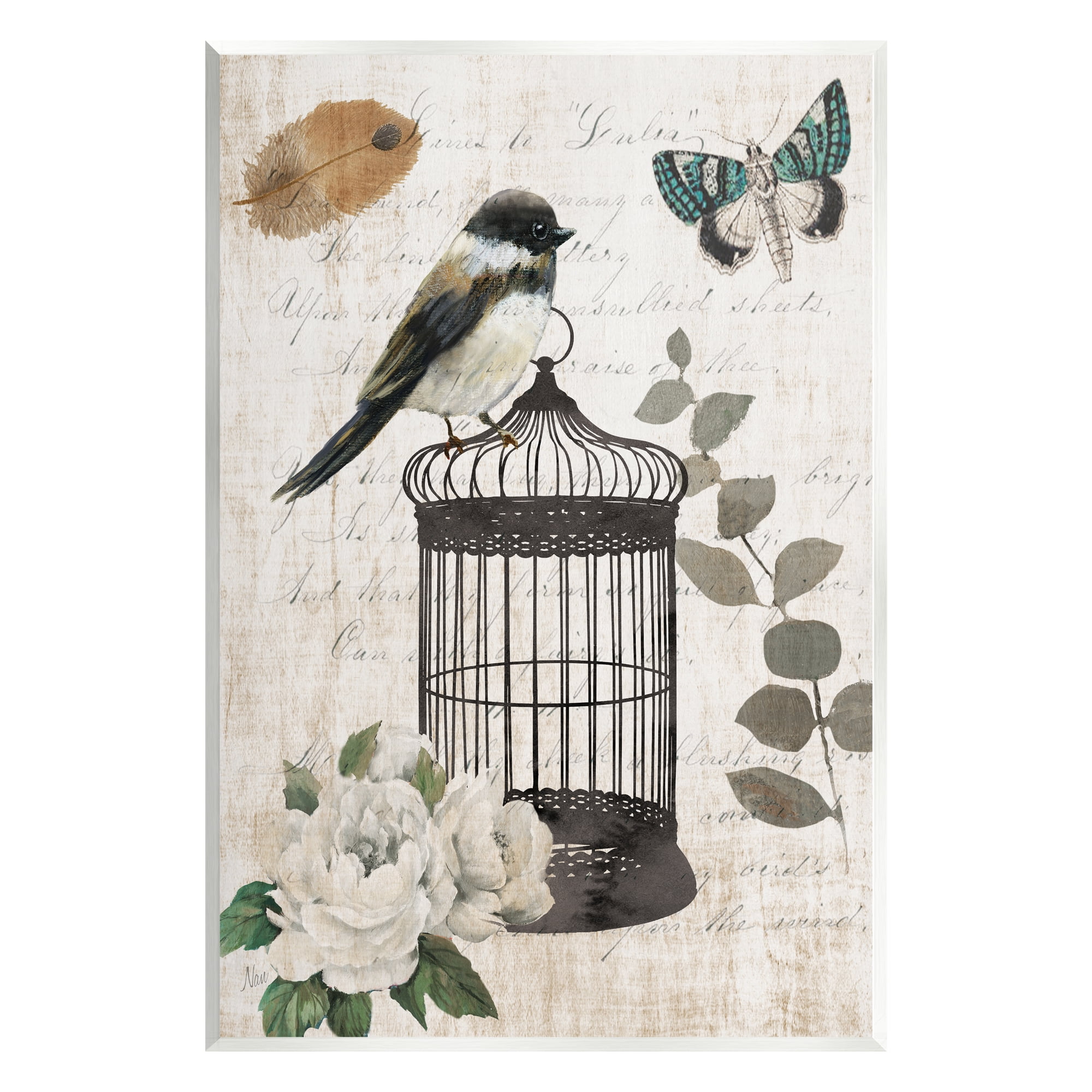 Stupell Industries Vintage Bird Cage Butterfly Floral Script Words Graphic Art Unframed Art Print Wall Art, Design by Nan