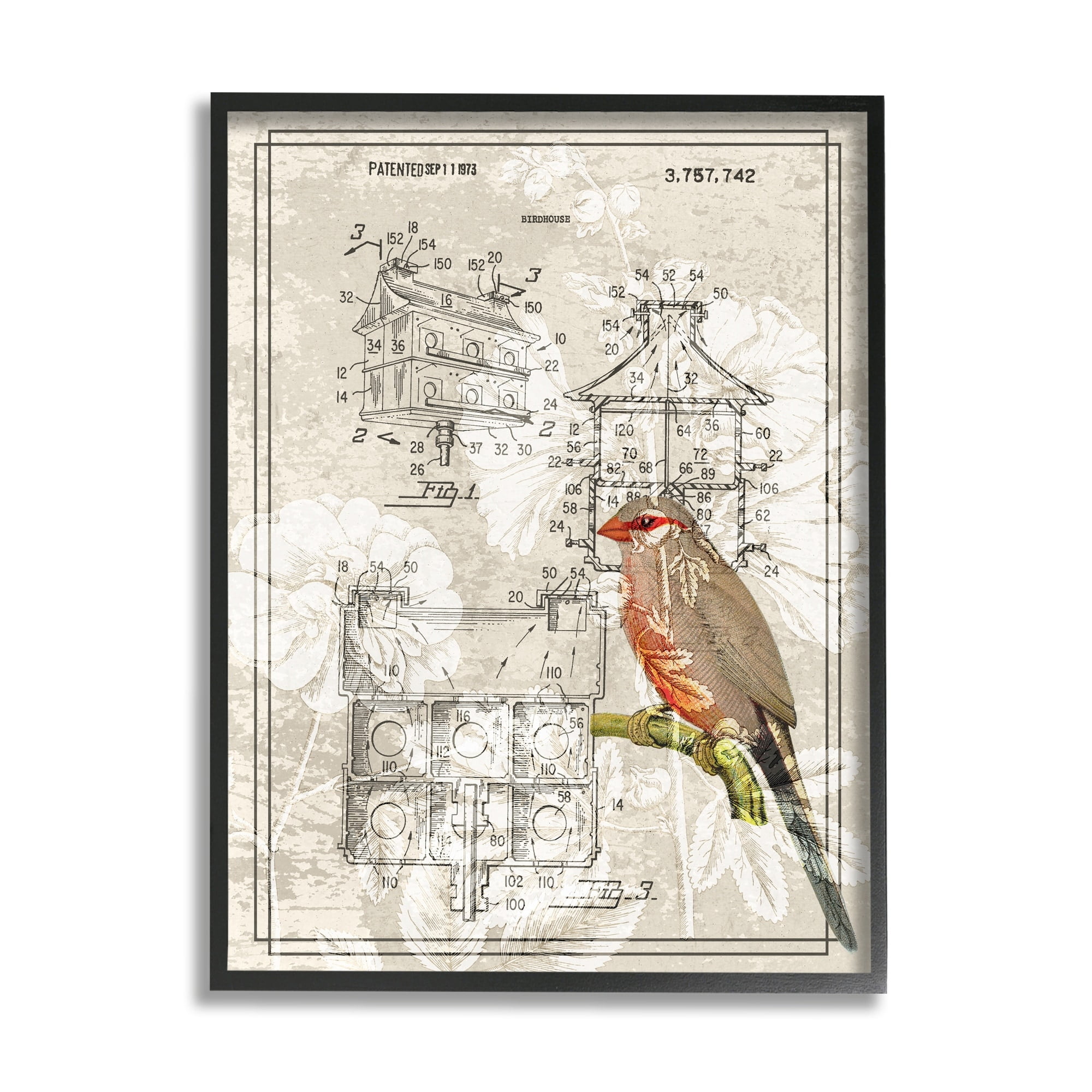 Stupell Industries Vintage Bird House Figure Patent Garden Finch Illustration, 16 x 20, Design by Daphne Polselli
