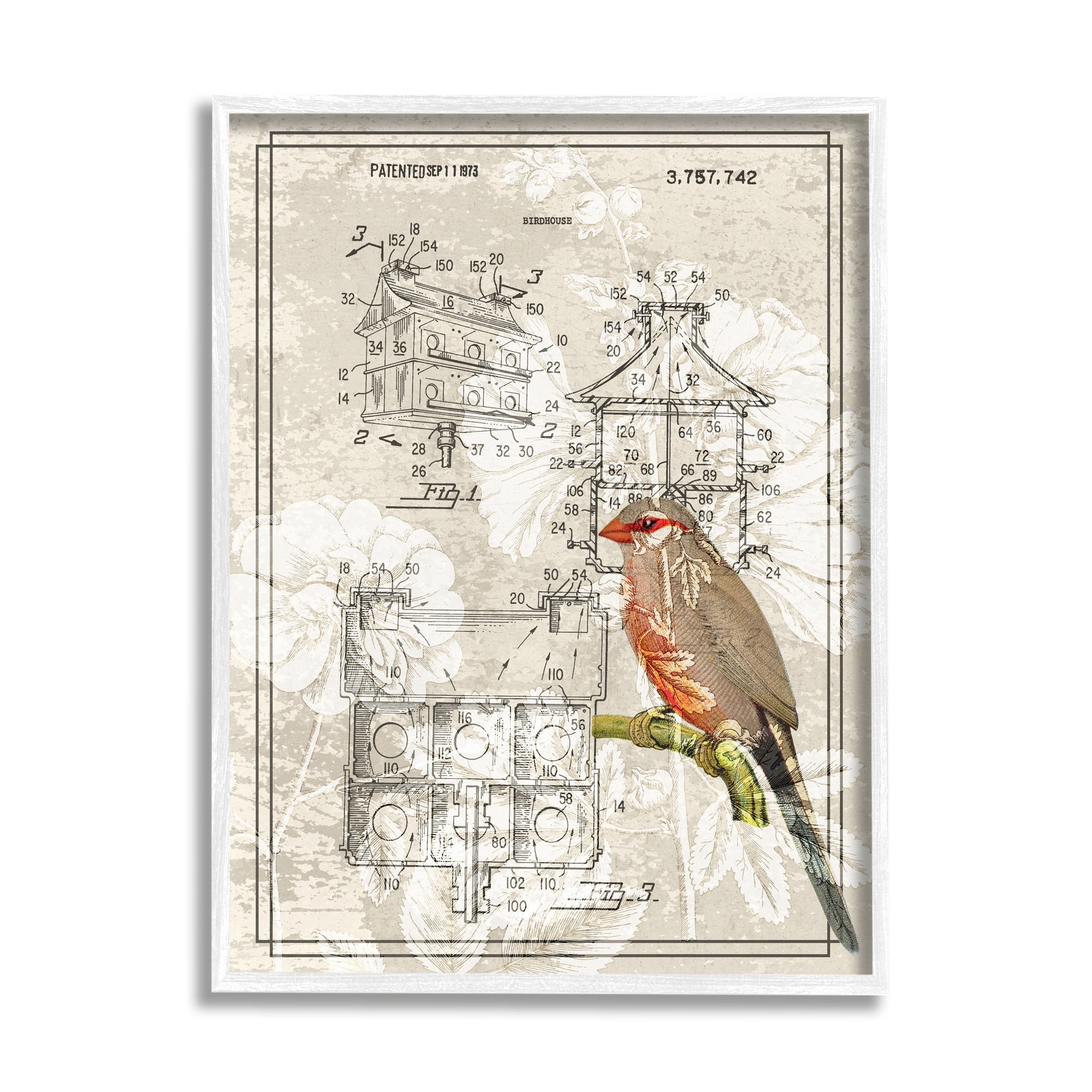 Stupell Industries Vintage Bird House Figure Patent Garden Finch Illustration, 24 x 30, Design by Daphne Polselli