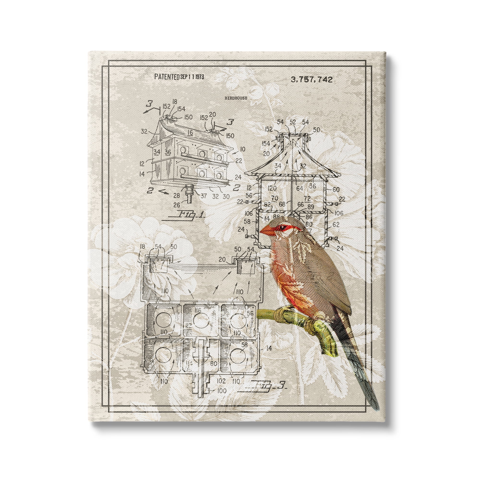 Stupell Industries Vintage Bird House Figure Patent Garden Finch Illustration, 24 x 30, Design by Daphne Polselli