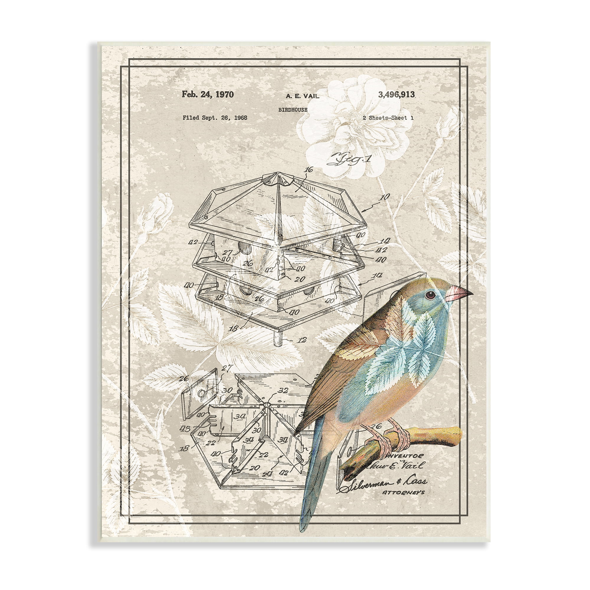 Stupell Industries Vintage Bird House Patent Design Figure Eastern Bluebird, 10 x 15, Design by Daphne Polselli