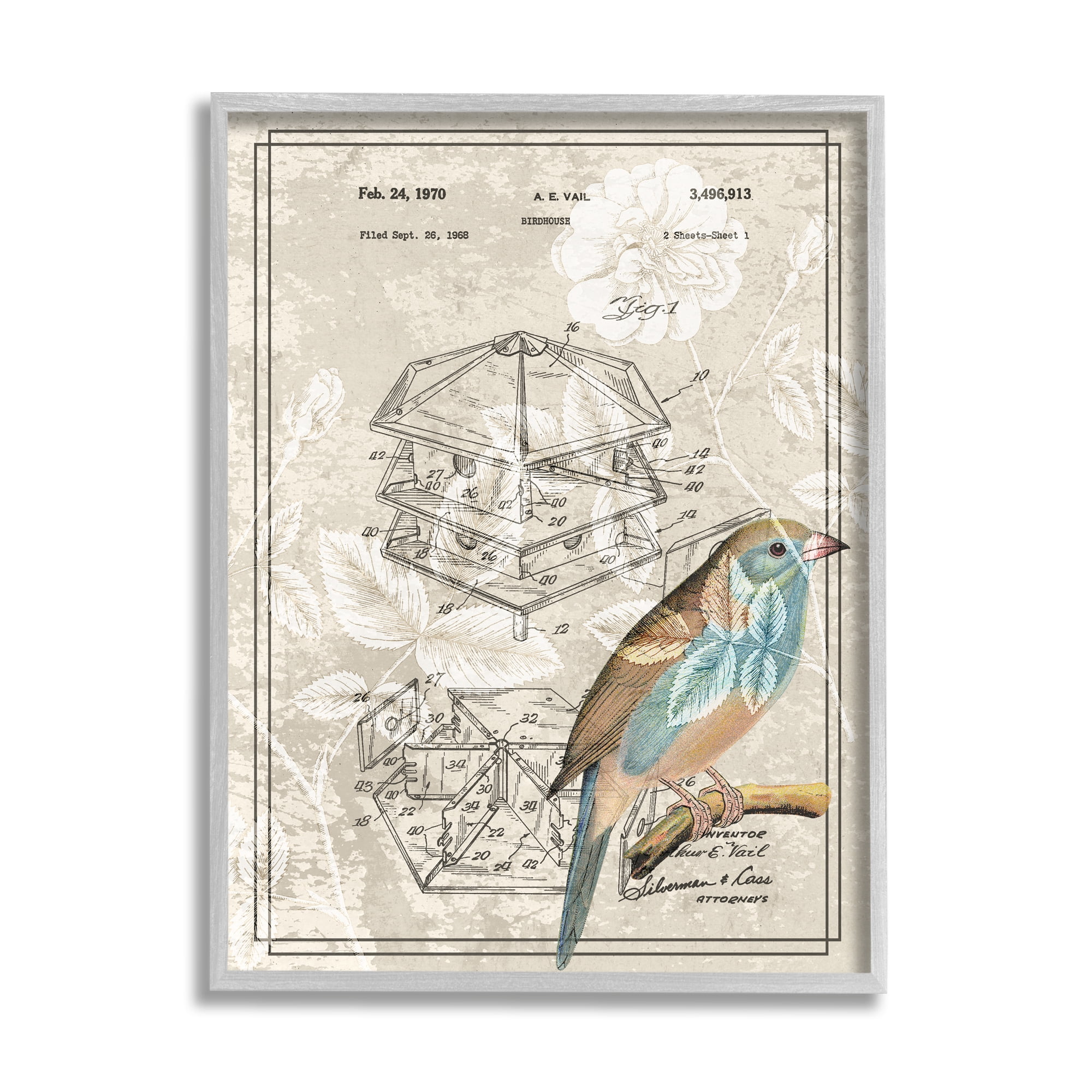 Stupell Industries Vintage Bird House Patent Design Figure Eastern Bluebird, 11 x 14, Design by Daphne Polselli