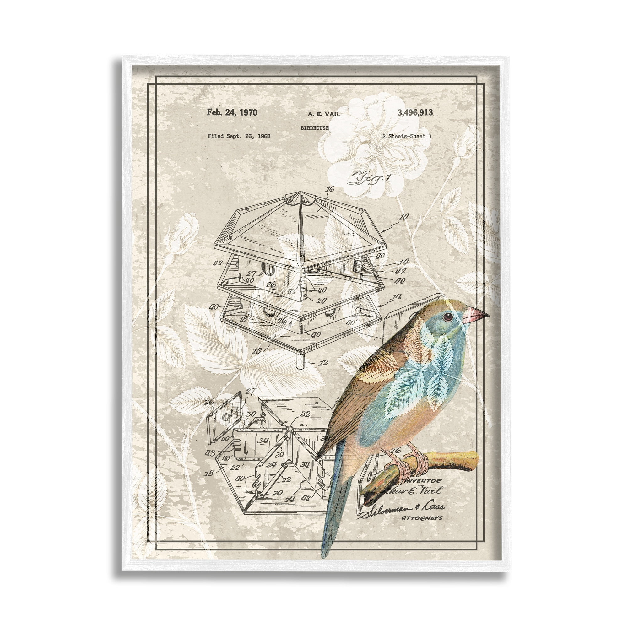 Stupell Industries Vintage Bird House Patent Design Figure Eastern Bluebird, 24 x 30, Design by Daphne Polselli