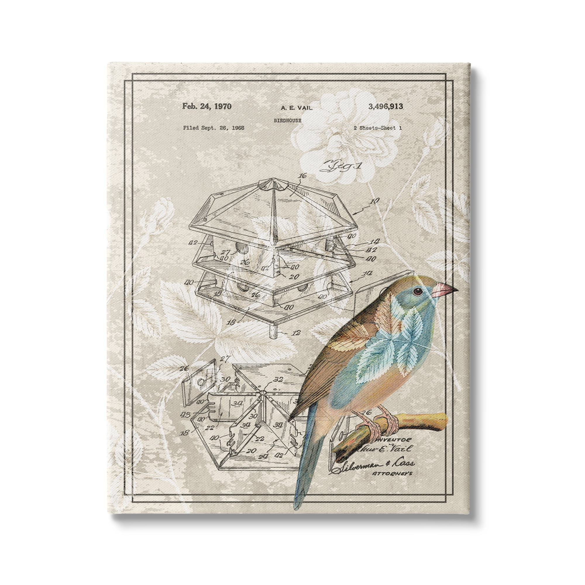Stupell Industries Vintage Bird House Patent Design Figure Eastern Bluebird, 24 x 30, Design by Daphne Polselli