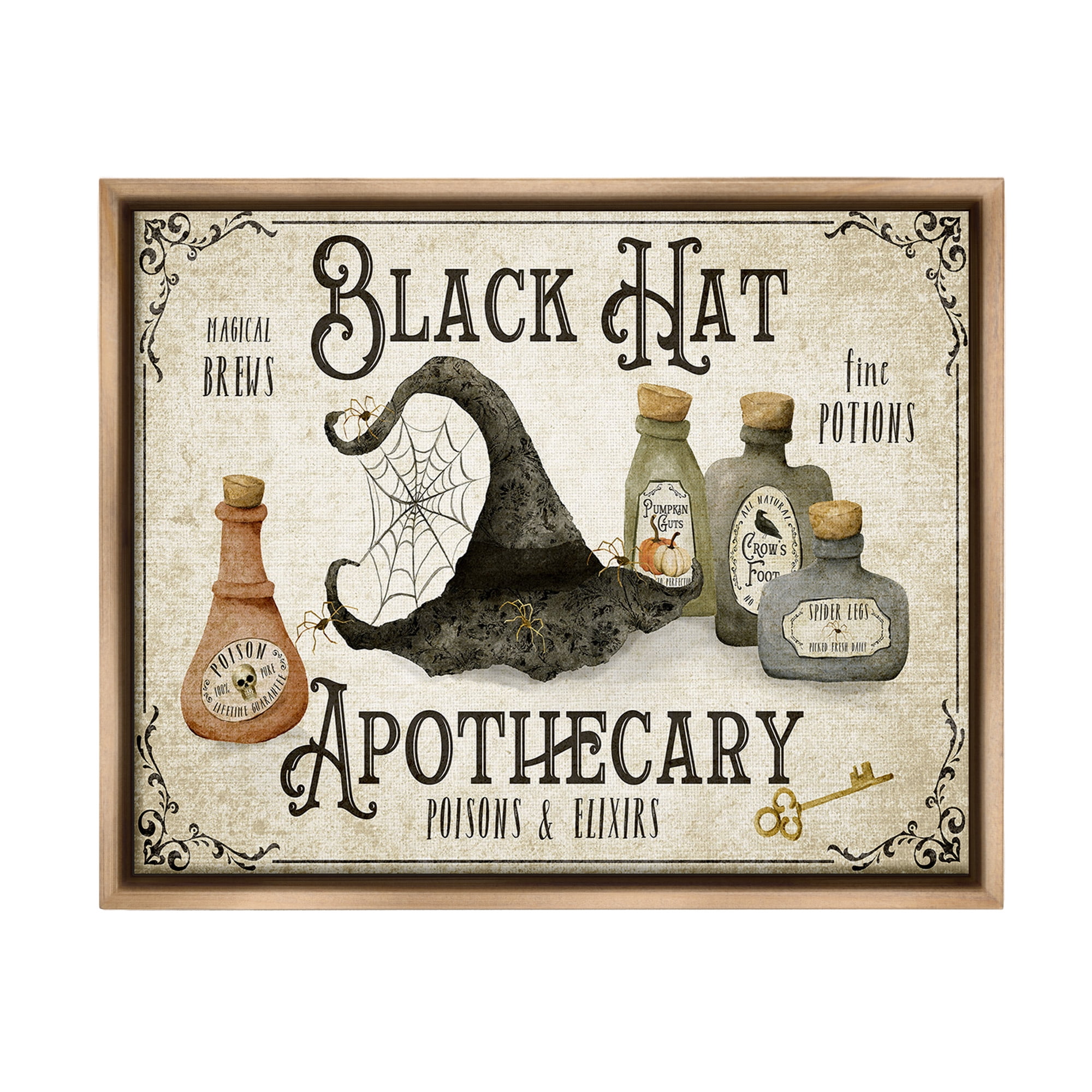 Stupell Industries Vintage Black Hat Apothecary Holiday Painting Brown Floater Framed Canvas Art Print Wall Art, 31 x 25