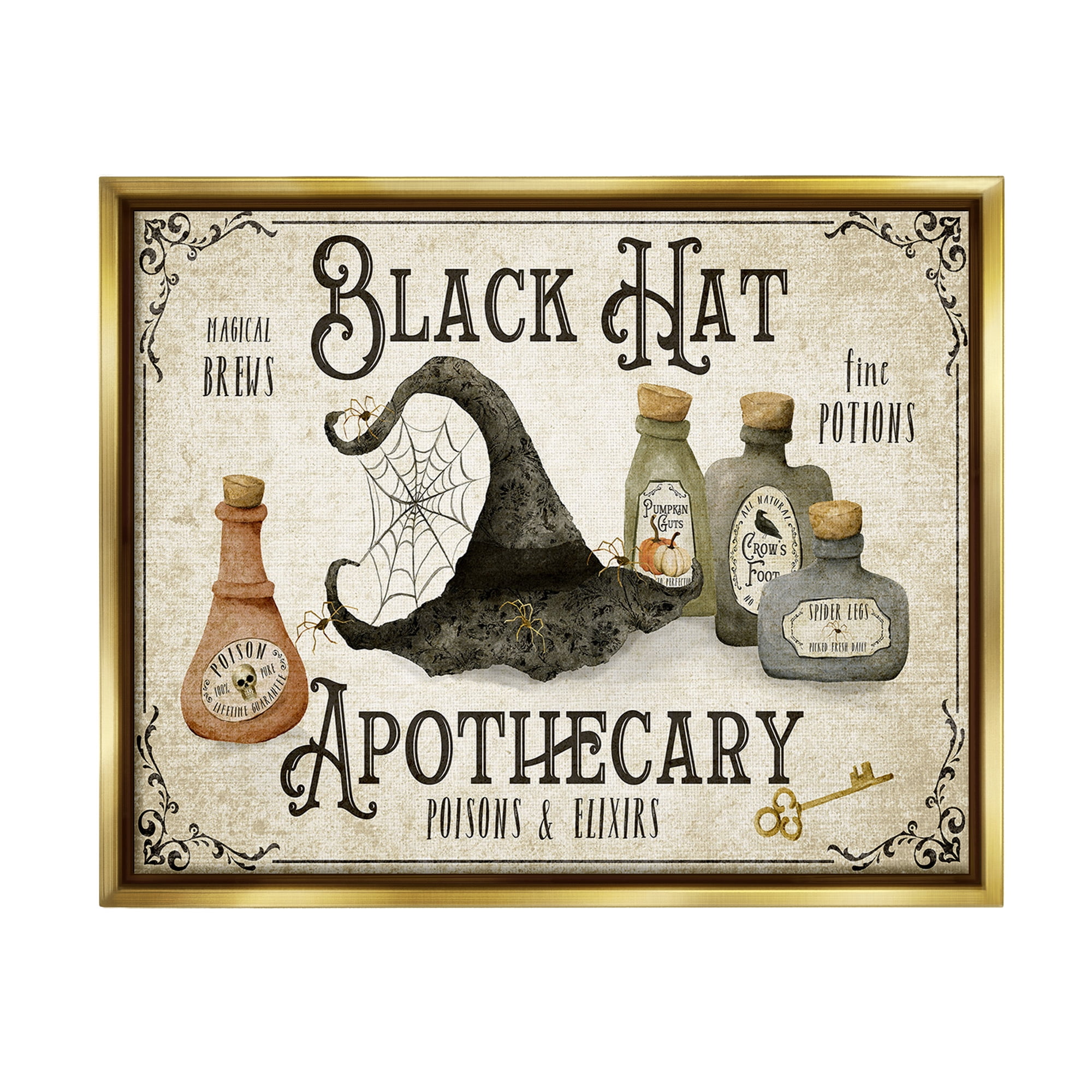 Stupell Industries Vintage Black Hat Apothecary Holiday Painting Gold Floater Framed Canvas Art Print Wall Art, 31 x 25
