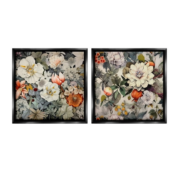 Stupell Industries Vintage Blooms Arrangement Botanical & Floral Painting Black Floater Framed Canvas Art Print Wall Art, 18 x 18, Set of 2