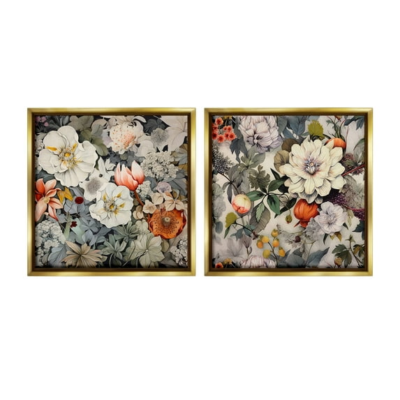 Stupell Industries Vintage Blooms Arrangement Botanical & Floral Painting Gold Floater Framed Canvas Art Print Wall Art, 18 x 18, Set of 2