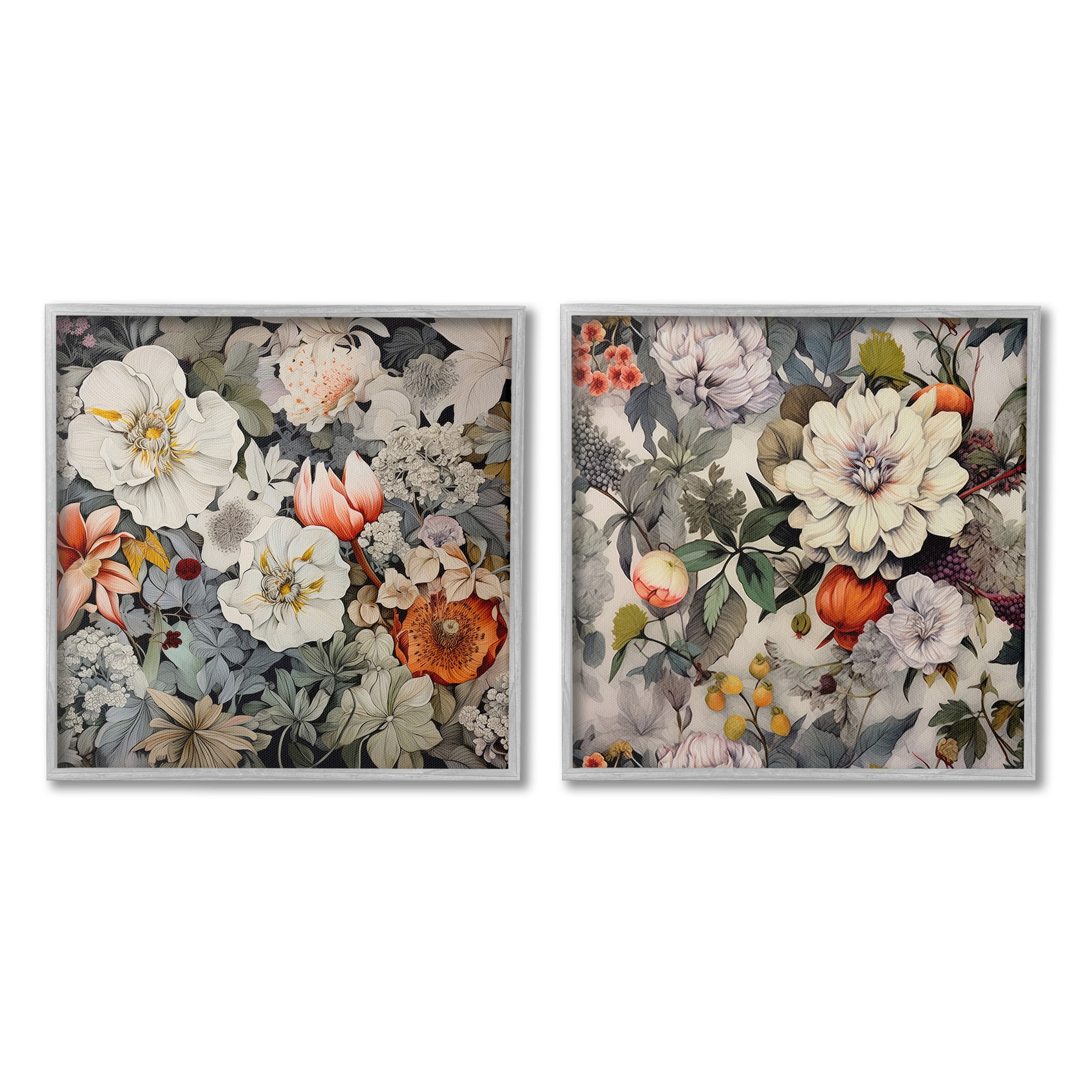 Stupell Industries Vintage Blooms Arrangement Botanical & Floral Painting Gray Framed Art Print Wall Art, 24 x 24, Set of 2