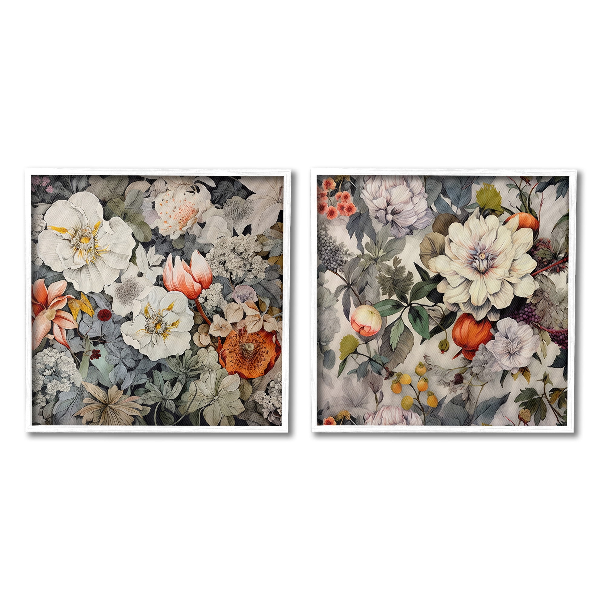 Stupell Industries Vintage Blooms Arrangement Botanical & Floral Painting White Framed Art Print Wall Art, 12 x 12, Set of 2