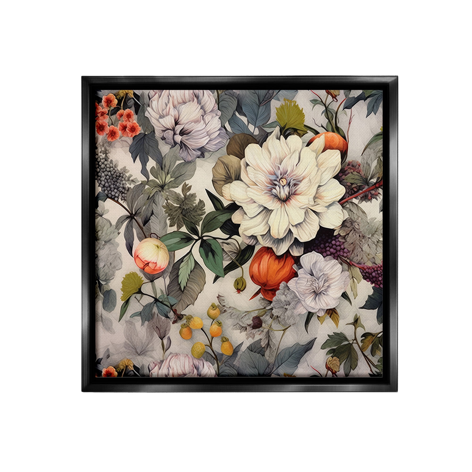 Stupell Industries Vintage Blooms & Fruit Botanical & Floral Painting Black Floater Framed Canvas Art Print Wall Art, 25 x 25