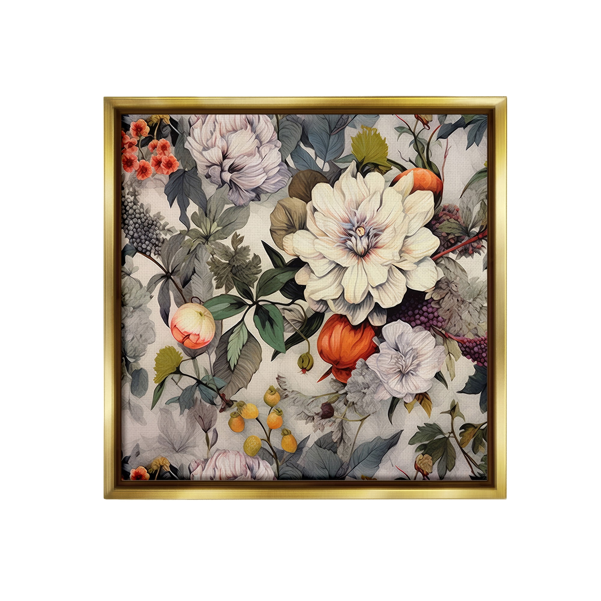 Stupell Industries Vintage Blooms & Fruit Botanical & Floral Painting Gold Floater Framed Canvas Art Print Wall Art, 25 x 25