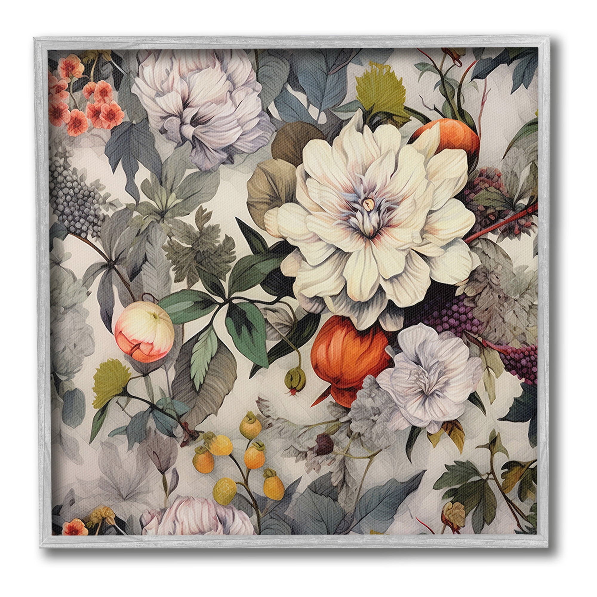 Vintage Blooms & Fruit Botanical Canvas Print with Gray Frame, 12 x 12