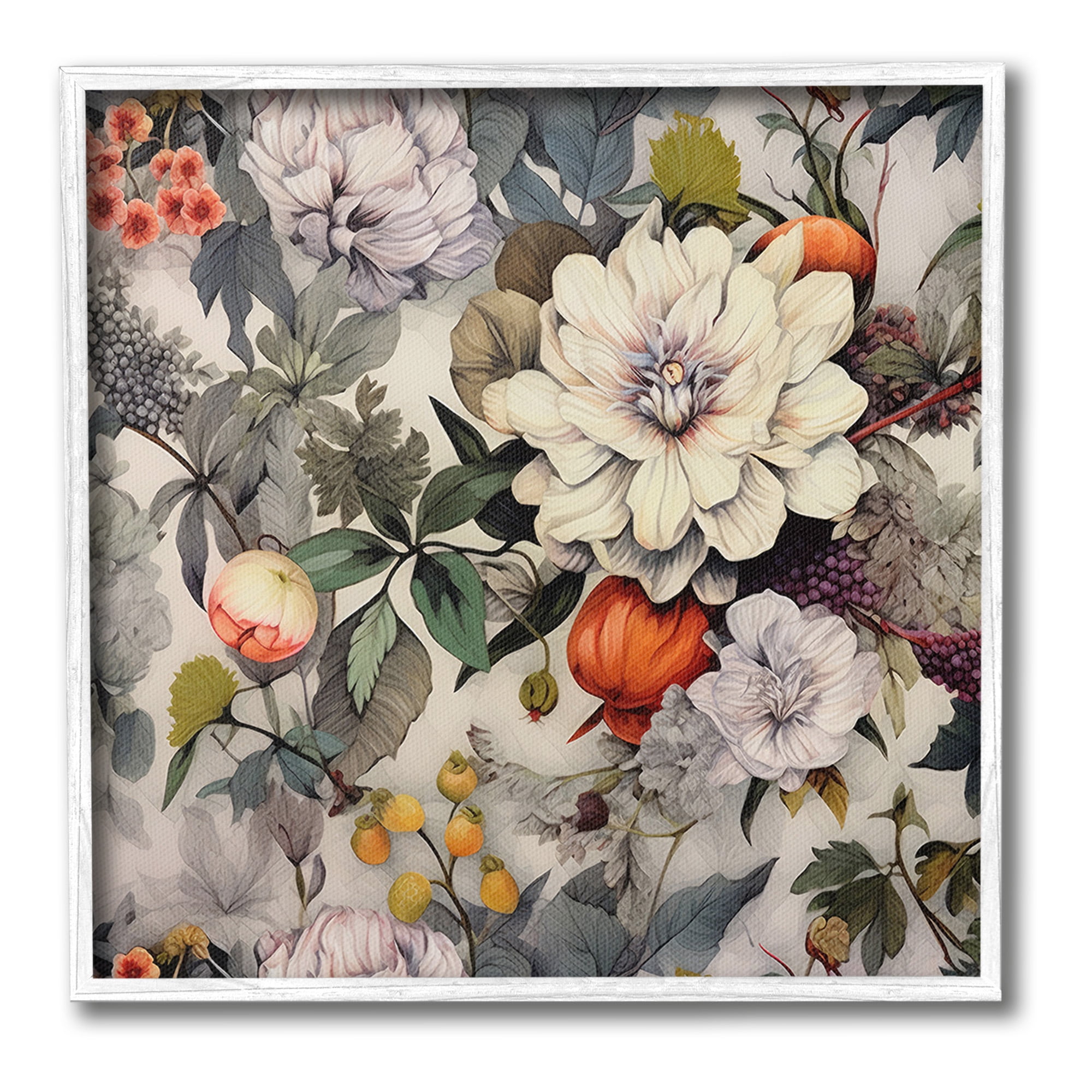 Stupell Industries Vintage Blooms & Fruit Botanical & Floral Painting White Framed Art Print Wall Art, 24 x 24