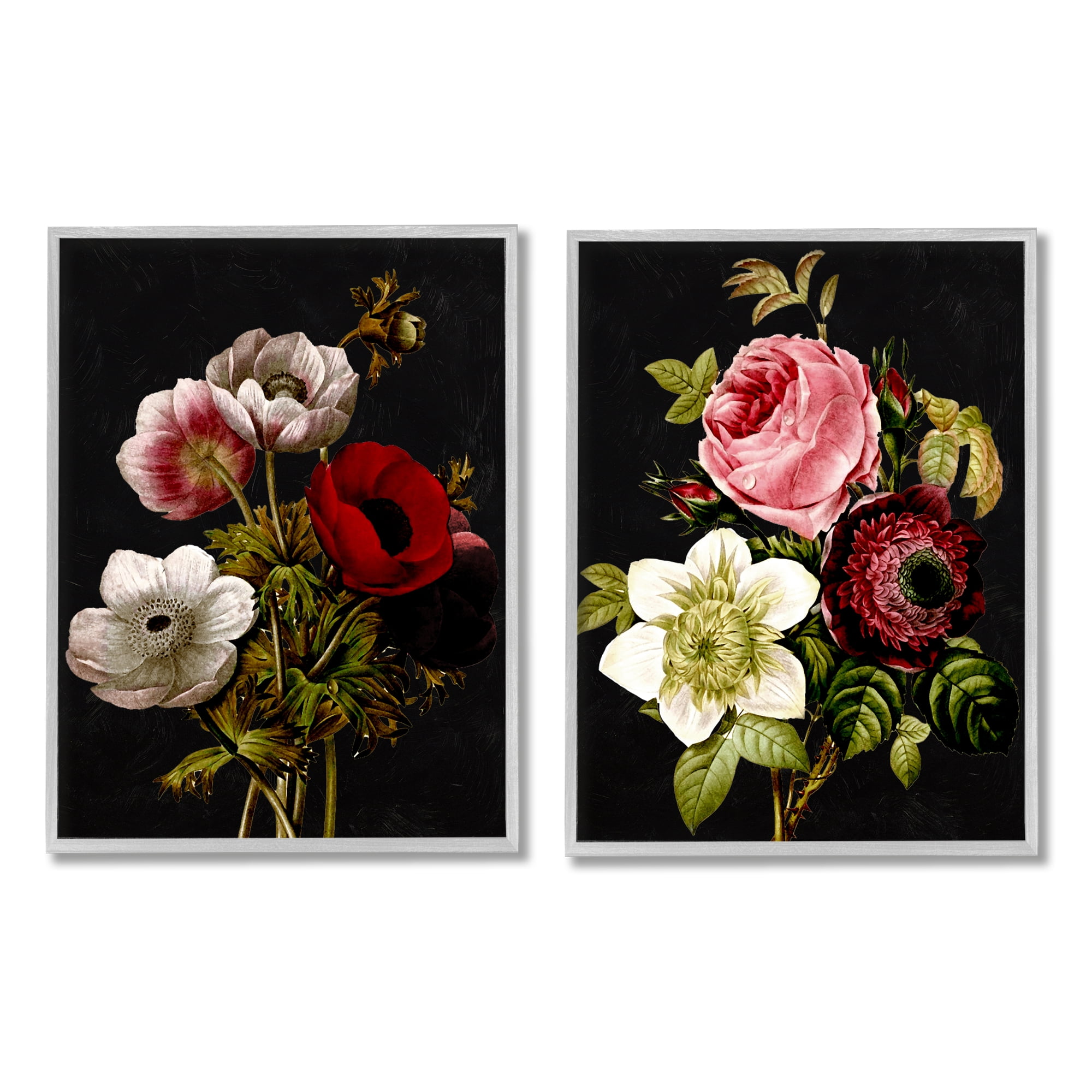 Stupell Industries Vintage Blooms on Black Botanical & Floral Painting Gray Framed Art Print Wall Art, 16 x 20, Set of 2