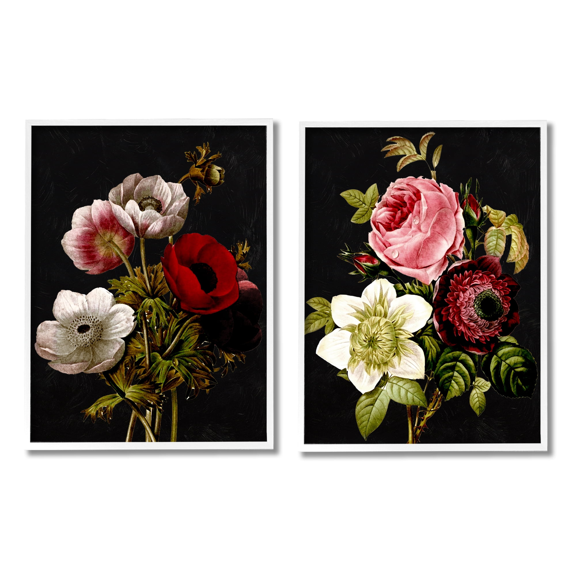 Stupell Industries Vintage Blooms on Black Botanical & Floral Painting White Framed Art Print Wall Art, 11 x 14, Set of 2