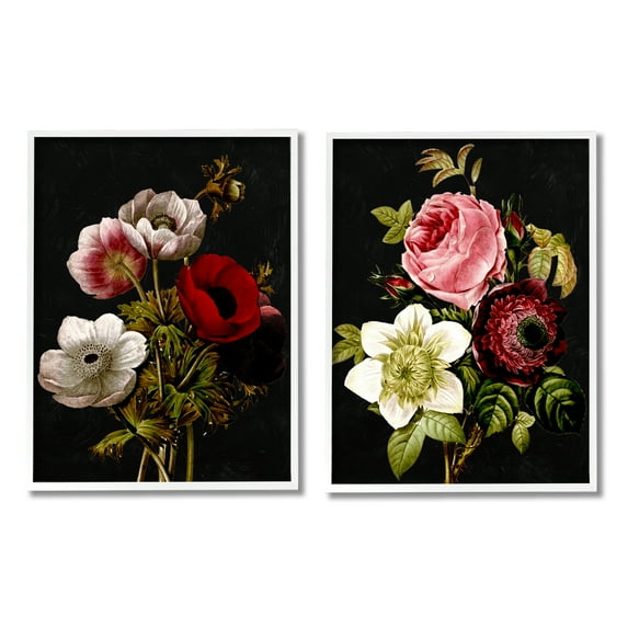 Stupell Industries Vintage Blooms on Black Botanical & Floral Painting White Framed Art Print Wall Art, 11 x 14, Set of 2