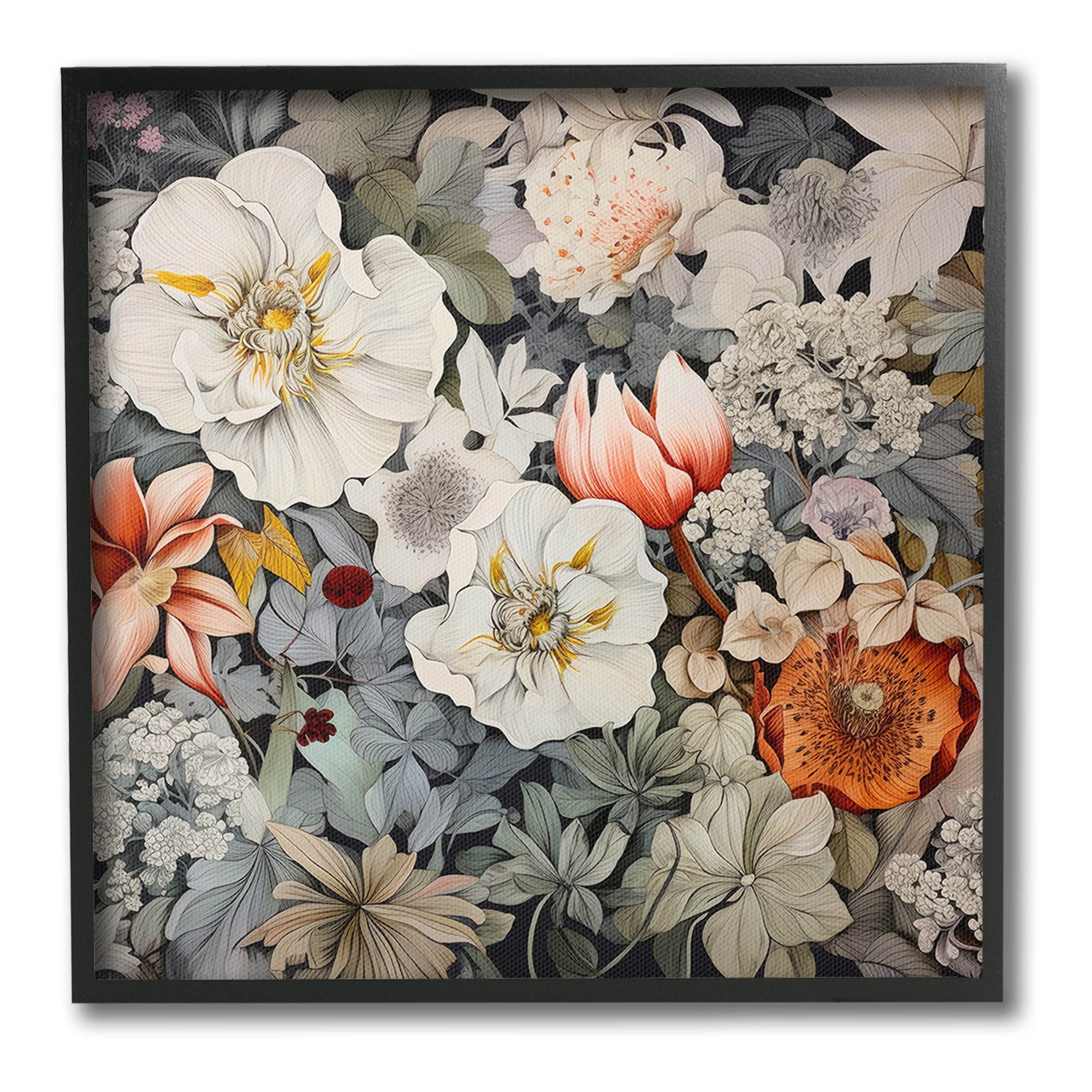Stupell Industries Vintage Blossom Pattern Botanical & Floral Painting Black Framed Art Print Wall Art, 17 x 17