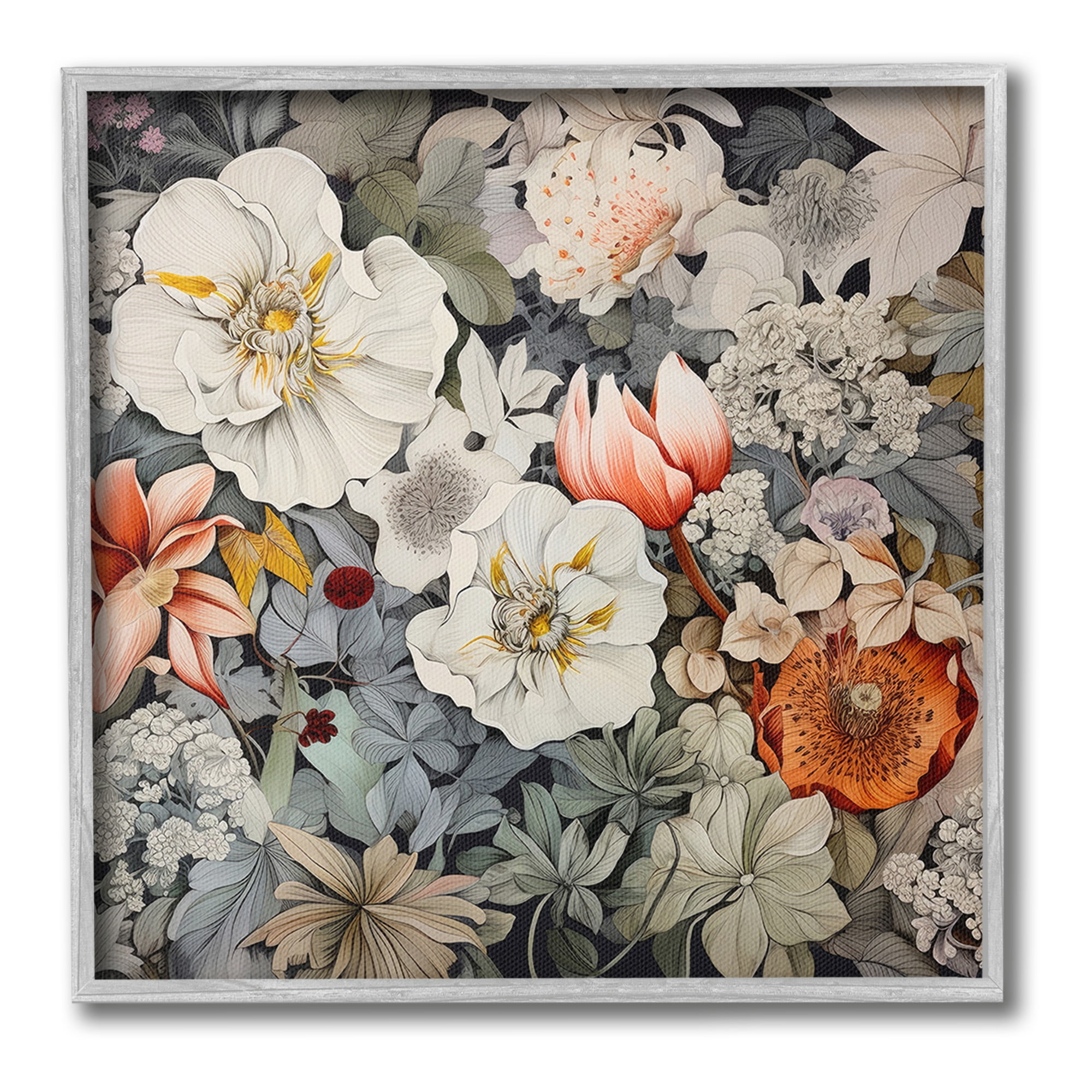 Stupell Industries Vintage Blossom Pattern Botanical & Floral Painting Gray Framed Art Print Wall Art, 24 x 24