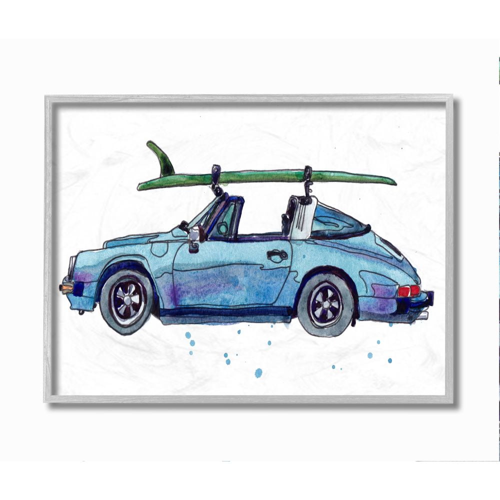 Vintage Blue Car Geometric Wall Art with Gray Ebony Frame