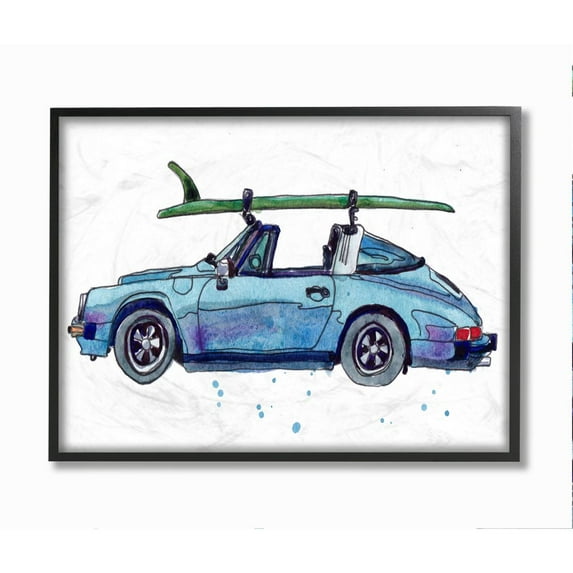 Stupell Industries Vintage Blue Car Retro Beach Surf Style Framed Wall Art Design by Paul McCreery, 24" x 30", Black Framed