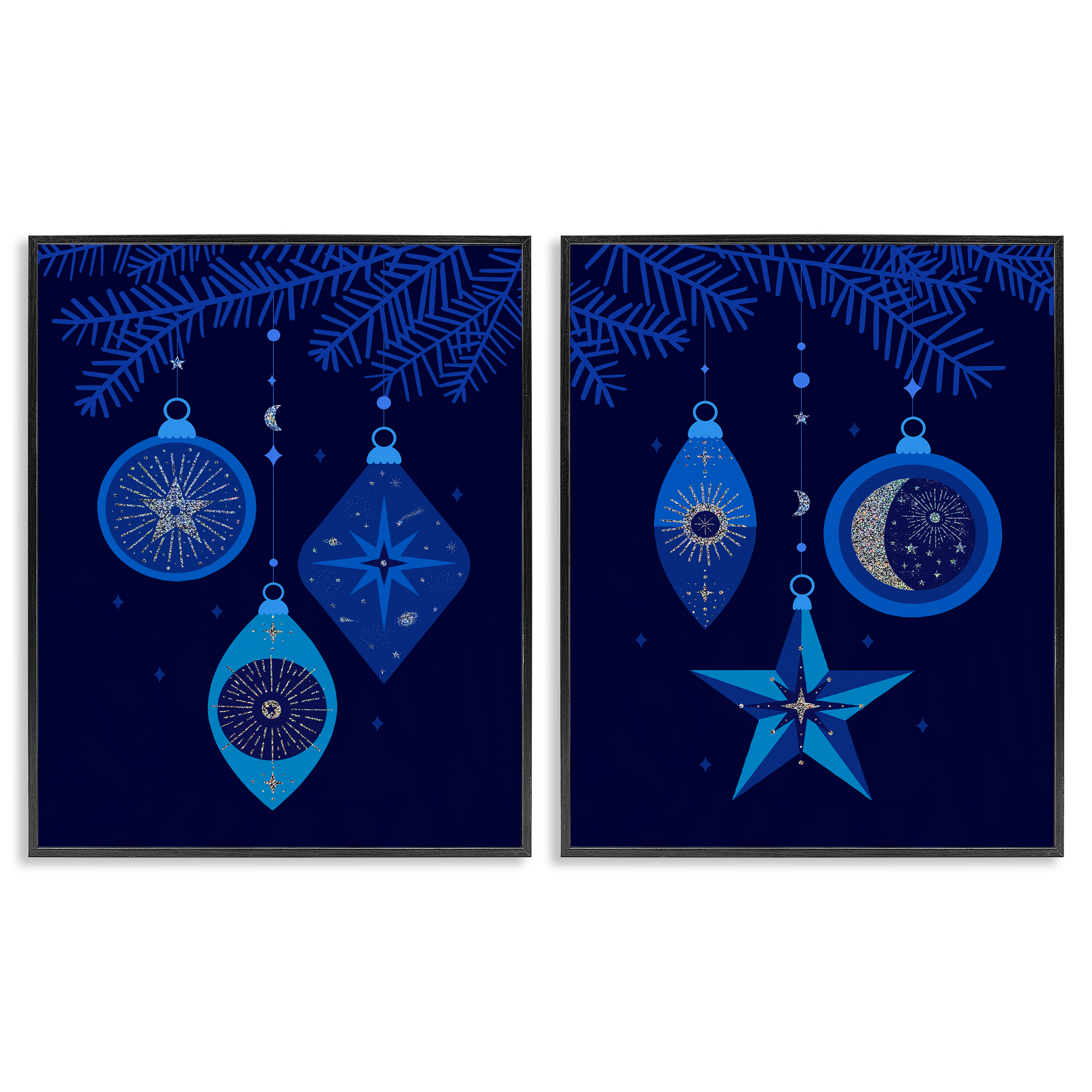Stupell Industries Vintage Blue Holiday Ornaments Holiday Painting Black Framed Art Print Wall Art, 11 x 14, Set of 2
