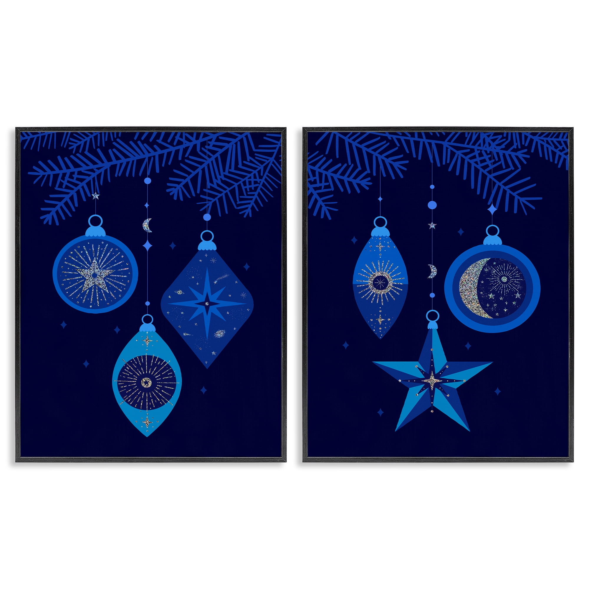 Stupell Industries Vintage Blue Holiday Ornaments Holiday Painting Black Framed Art Print Wall Art, 16 x 20, Set of 2