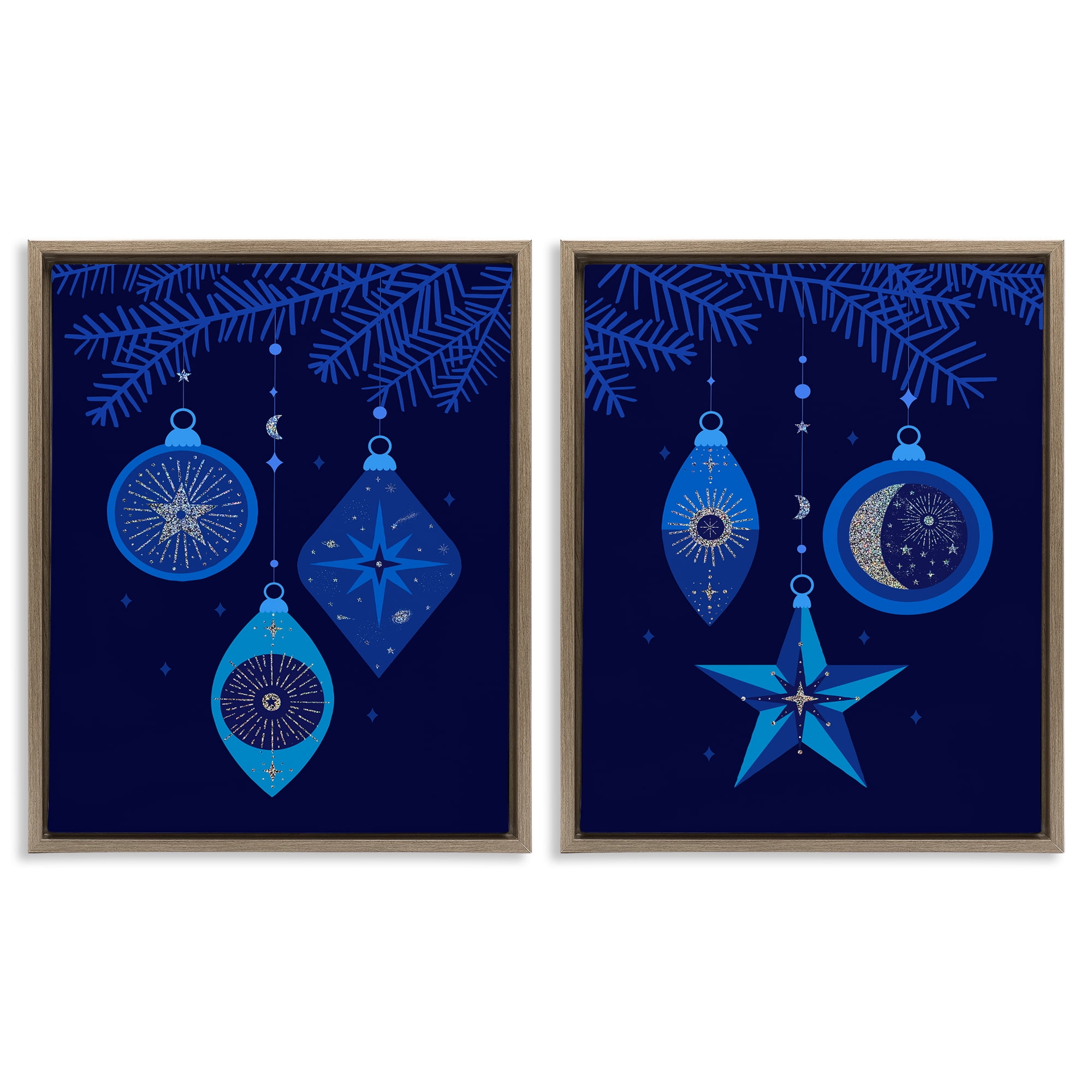 Stupell Industries Vintage Blue Holiday Ornaments Holiday Painting Brown Floater Framed Canvas Art Print Wall Art, 17 x 21, Set of 2