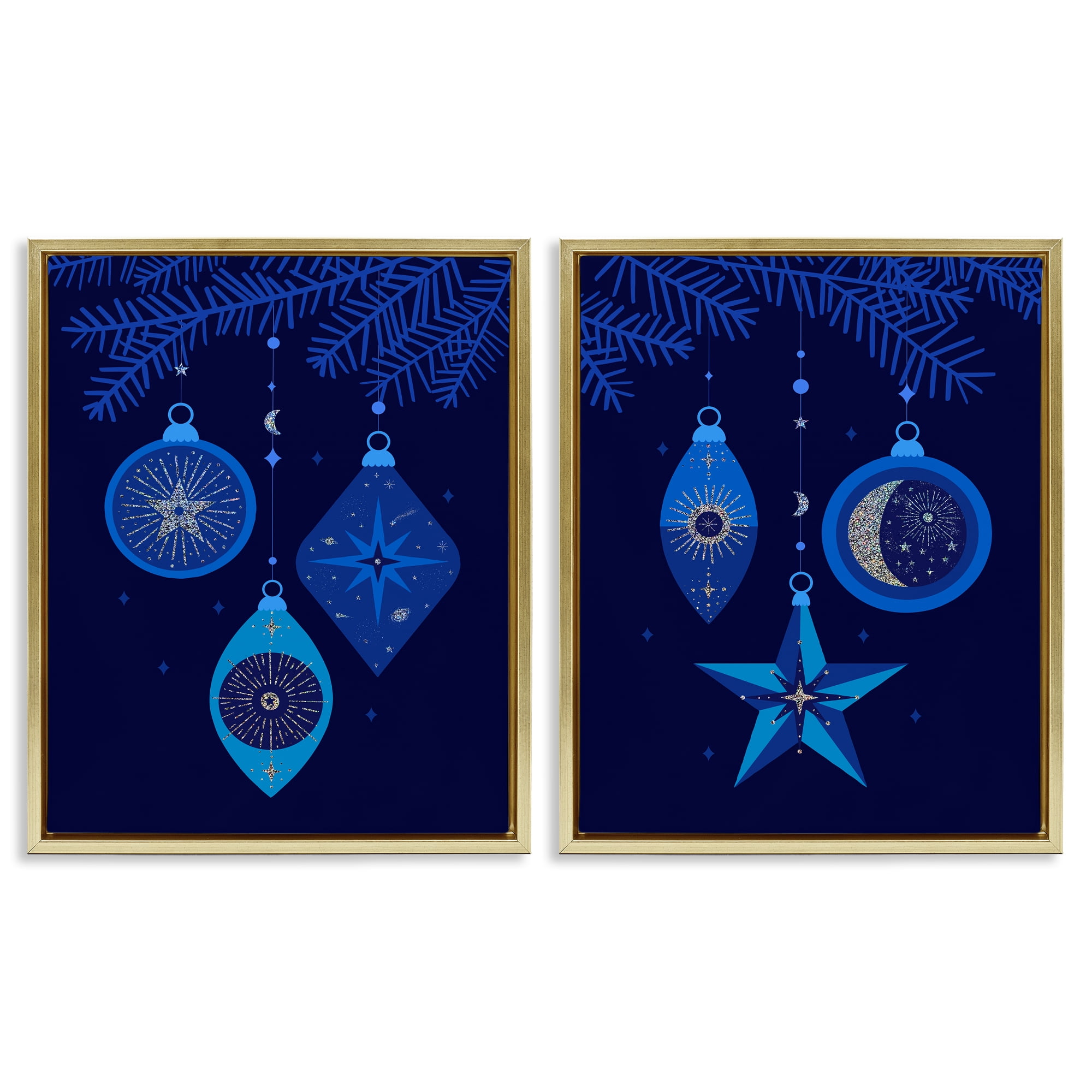 Stupell Industries Vintage Blue Holiday Ornaments Holiday Painting Gold Floater Framed Canvas Art Print Wall Art, 31 x 25, Set of 2