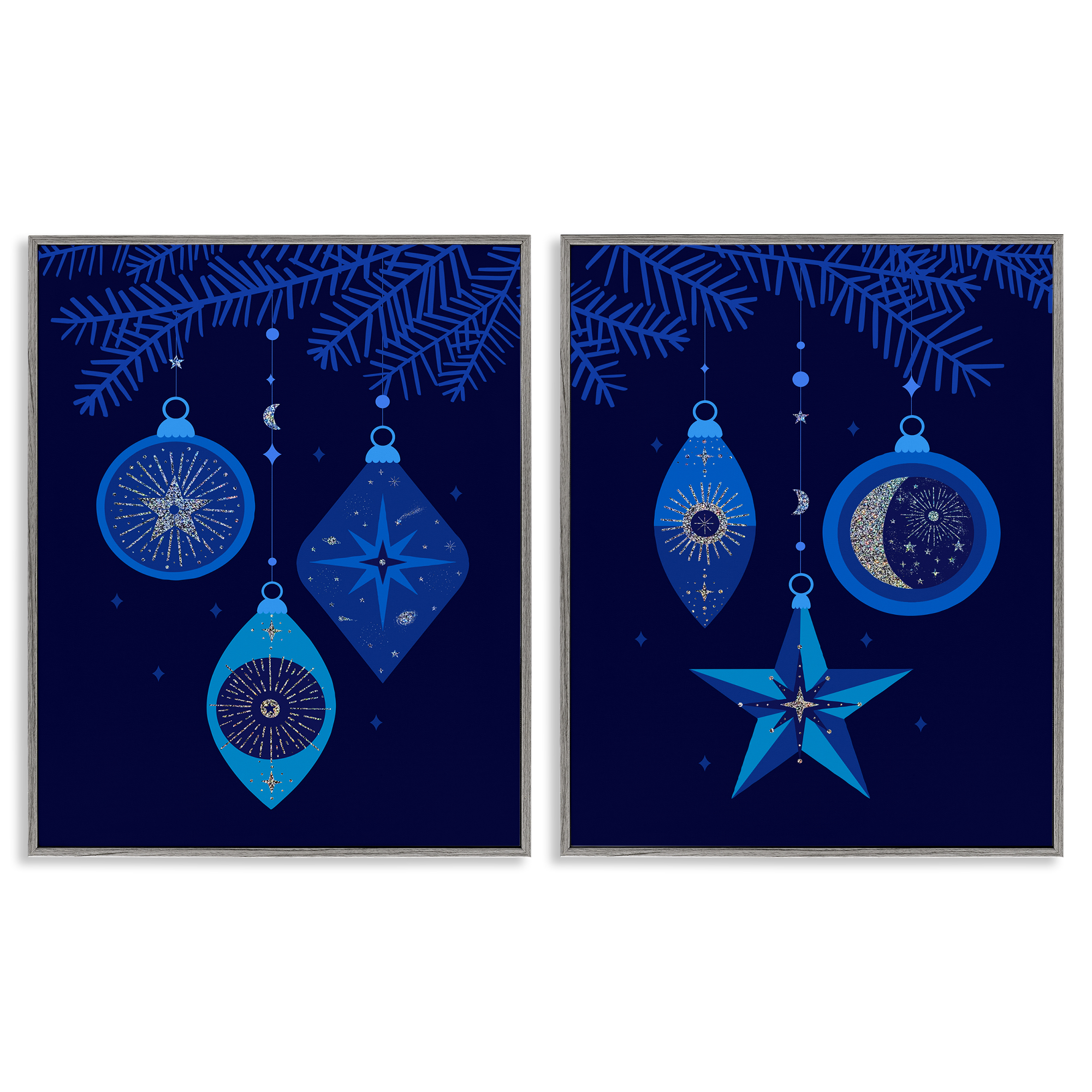 Stupell Industries Vintage Blue Holiday Ornaments Holiday Painting Gray Framed Art Print Wall Art, 11 x 14, Set of 2