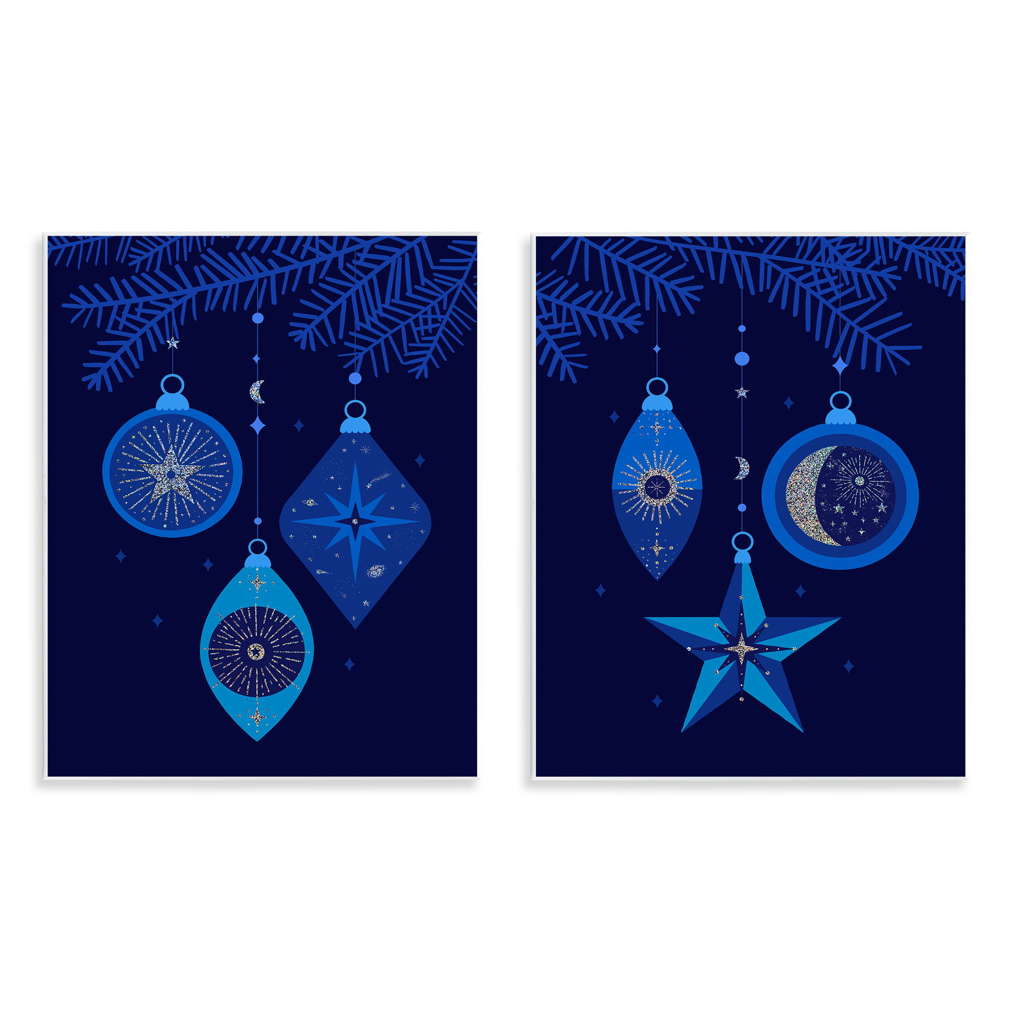 Stupell Industries Vintage Blue Holiday Ornaments Holiday Painting Unframed Art Print Wall Art, 11 x 14, Set of 2