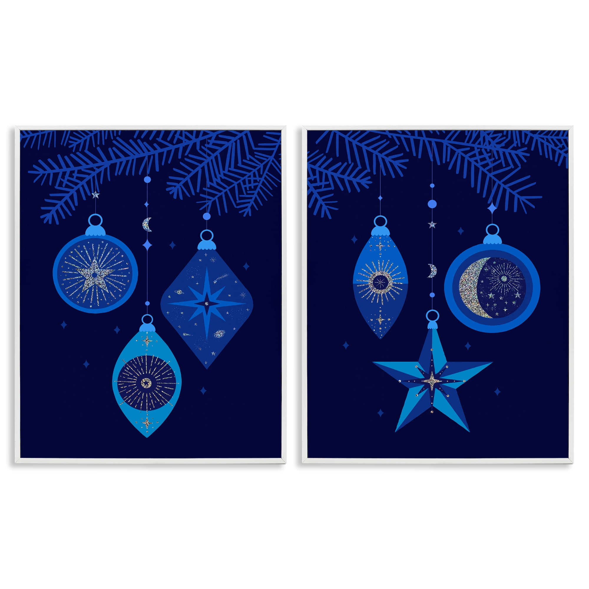 Stupell Industries Vintage Blue Holiday Ornaments Holiday Painting White Framed Art Print Wall Art, 16 x 20, Set of 2