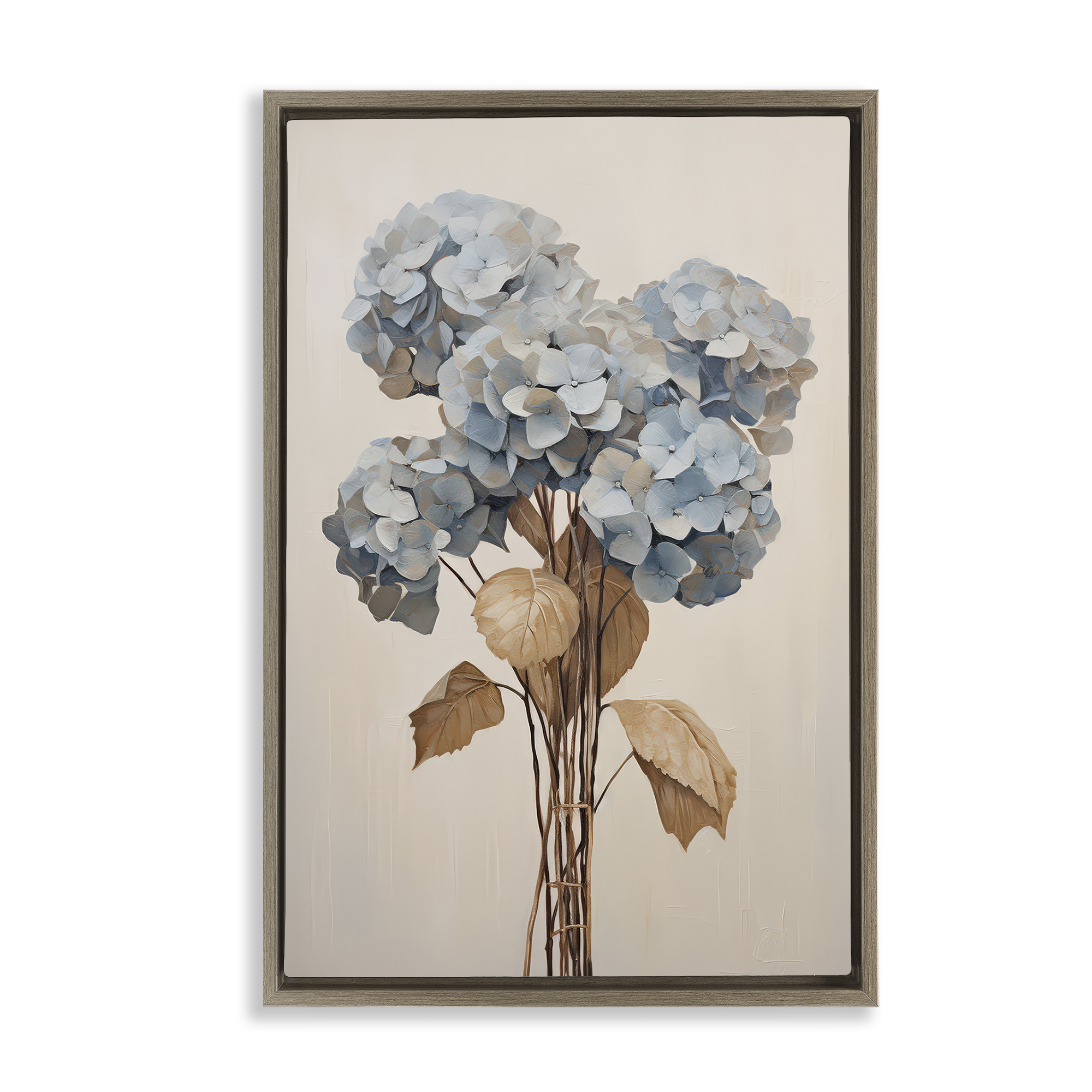Stupell Industries Vintage Blue Hydrangea Plants & Flowers Painting Brown Floater Framed Canvas Art Print Wall Art, 17 x 25