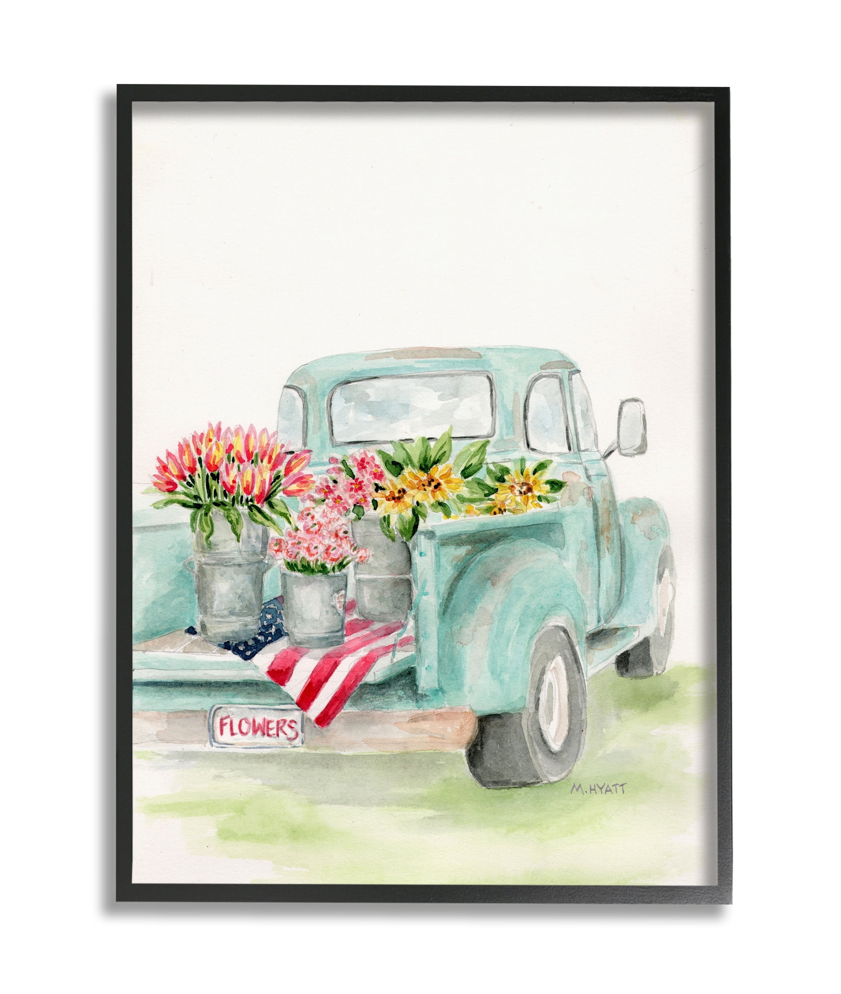 Stupell Industries Vintage Blue Pick-Up Truck Floral Farm Bouquets Black Framed, 16 x 20, Design by Melissa Hyatt LLC