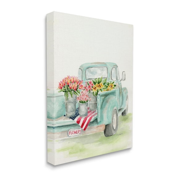 Stupell Industries Vintage Blue Pick-Up Truck Floral Farm Bouquets Canvas Wall Art, 24 x 30, Design by Melissa Hyatt LLC