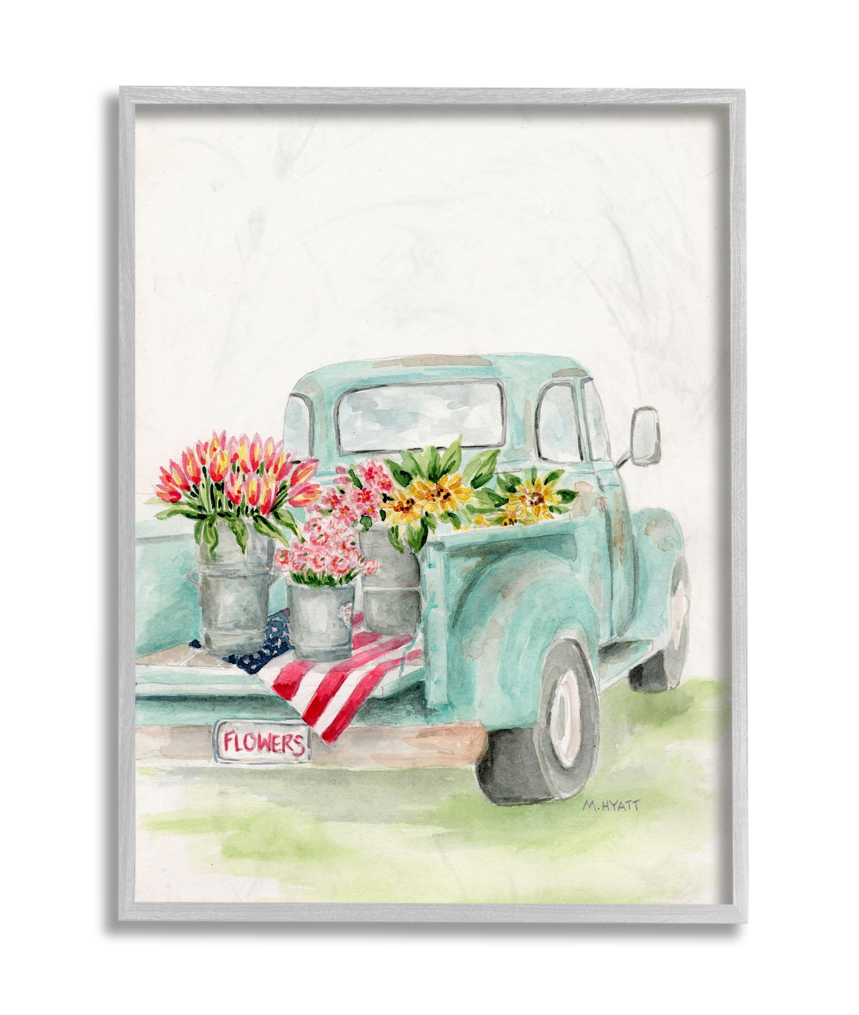 Stupell Industries Vintage Blue Pick-Up Truck Floral Farm Bouquets Grey Framed, 11 x 14, Design by Melissa Hyatt LLC