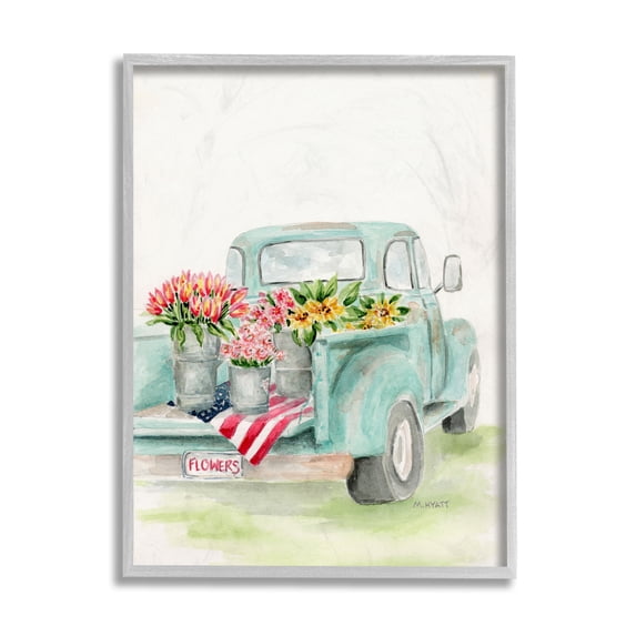 Stupell Industries Vintage Blue Pick-Up Truck Floral Farm Bouquets Grey Framed, 16 x 20, Design by Melissa Hyatt LLC