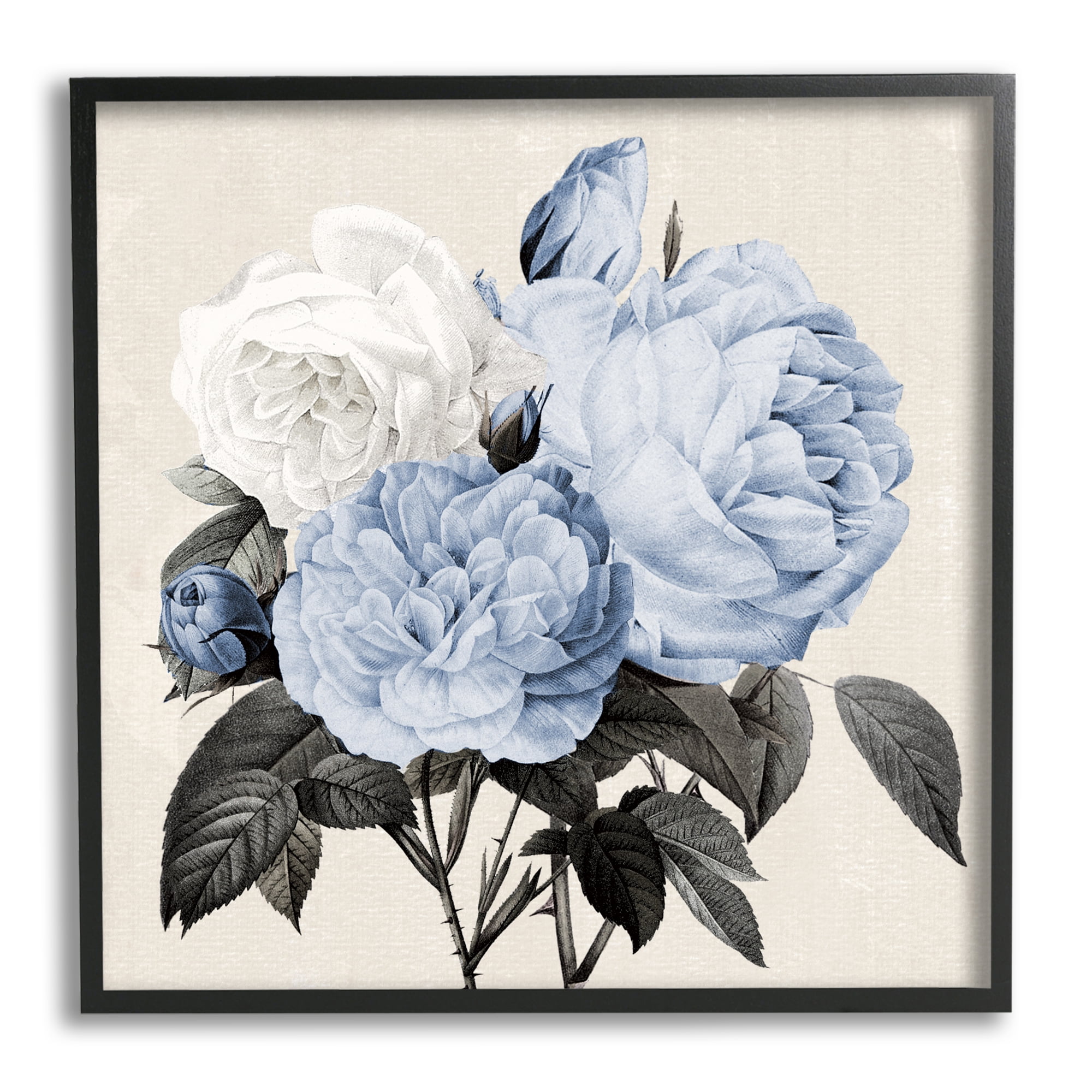 Stupell Industries Vintage Blue Roses Botanical & Floral Painting Black Framed Art Print Wall Art, 24 x 24