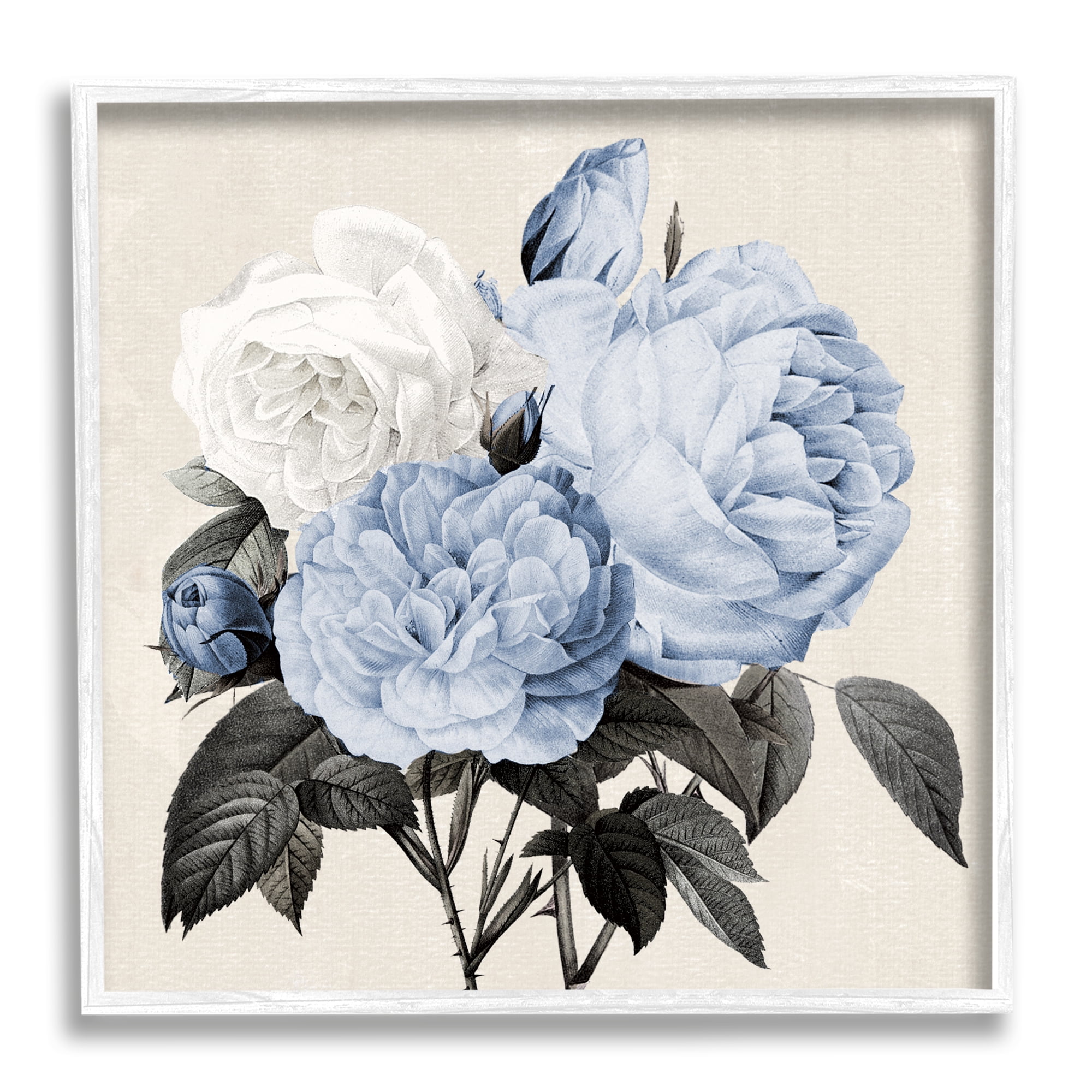 Stupell Industries Vintage Blue Roses Botanical & Floral Painting White Framed Art Print Wall Art, 12 x 12