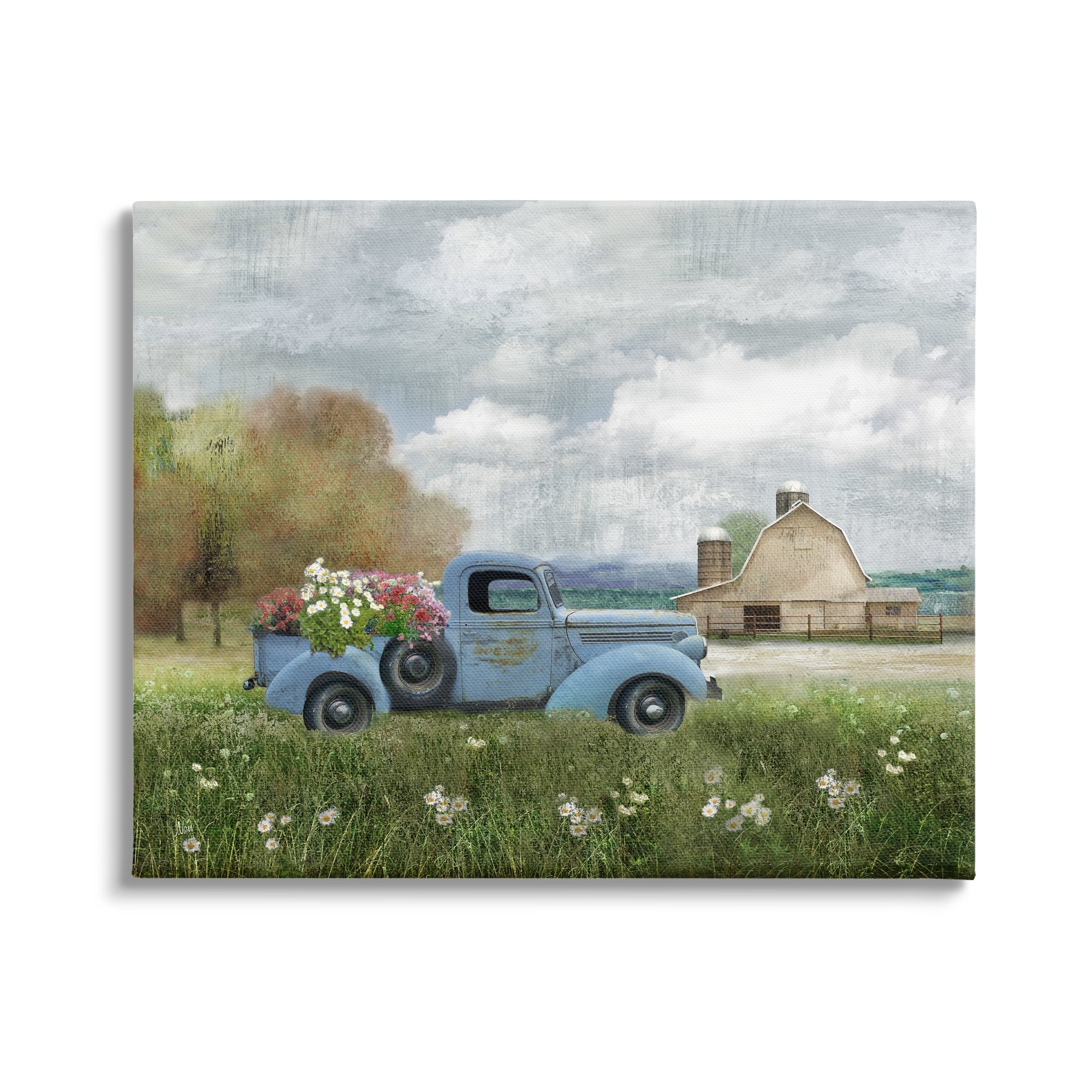 Stupell Industries Vintage Blue Truck Flower Bouquet Cloudy Sky Farmhouse , 20 x 16, Design by Nan