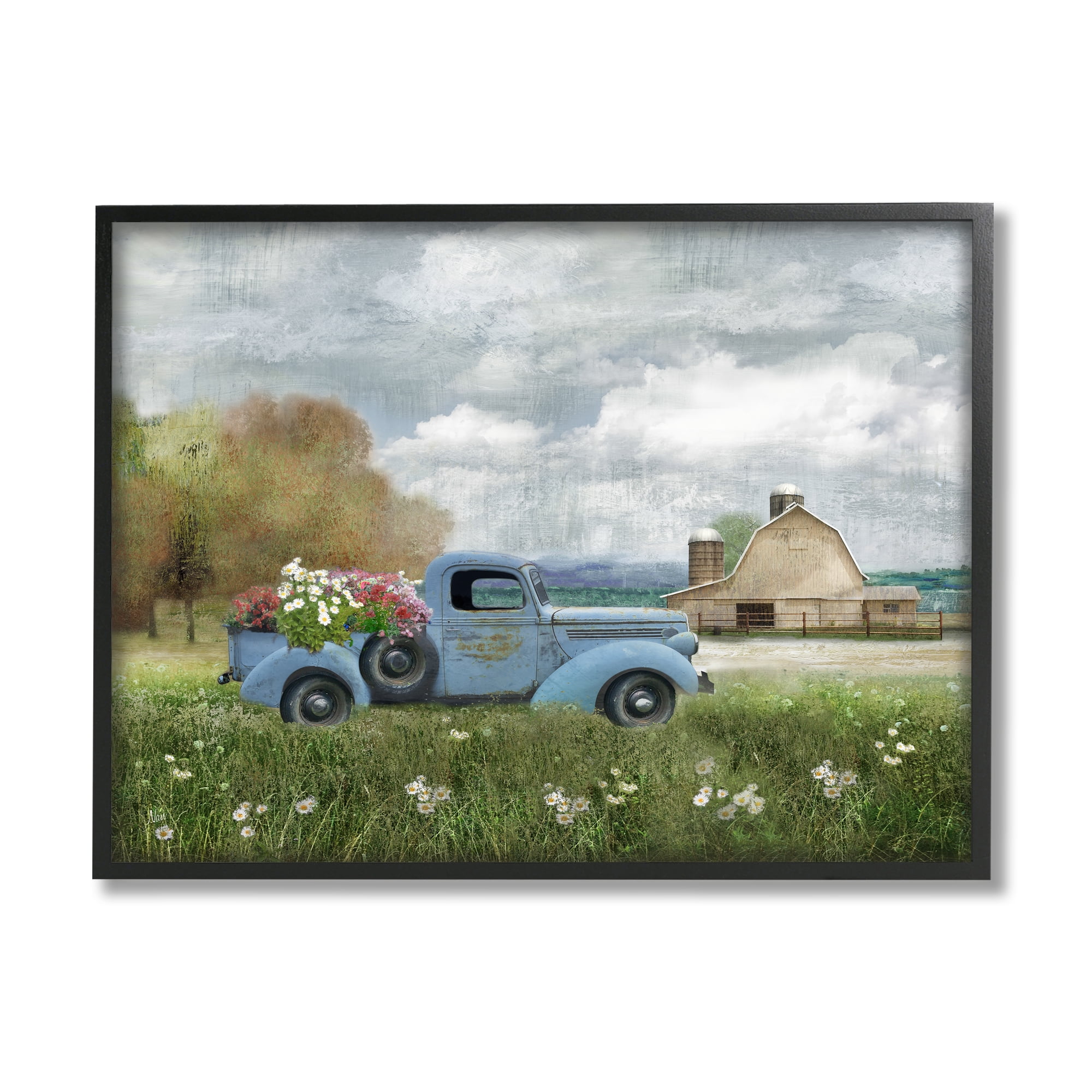 Stupell Industries Vintage Blue Truck Flower Bouquet Cloudy Sky Farmhouse , 20 x 16, Design by Nan
