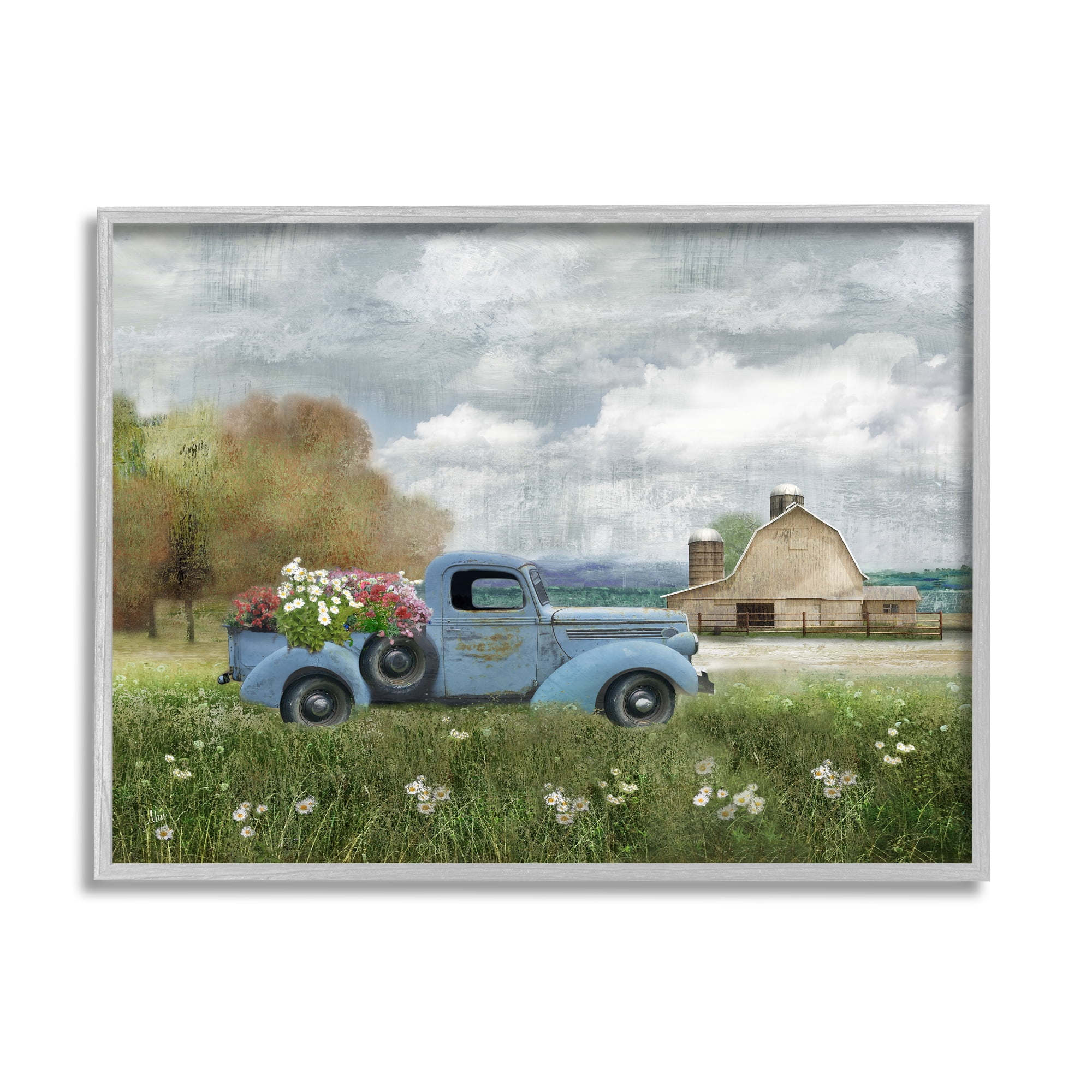 Stupell Industries Vintage Blue Truck Flower Bouquet Cloudy Sky Farmhouse , 30 x 24, Design by Nan