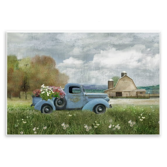 Stupell Industries Vintage Blue Truck Flower Bouquet Cloudy Sky Farmhouse Farmhouse Painting Unframed Art Print Wall Art, 19 x 13, Design by Nan